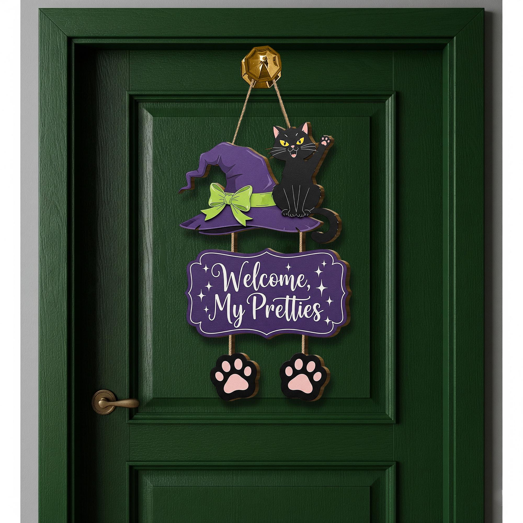 Halloween Cat Door Hanger, Welcome My Pretties Sign, Witch Hat Front Door Decor