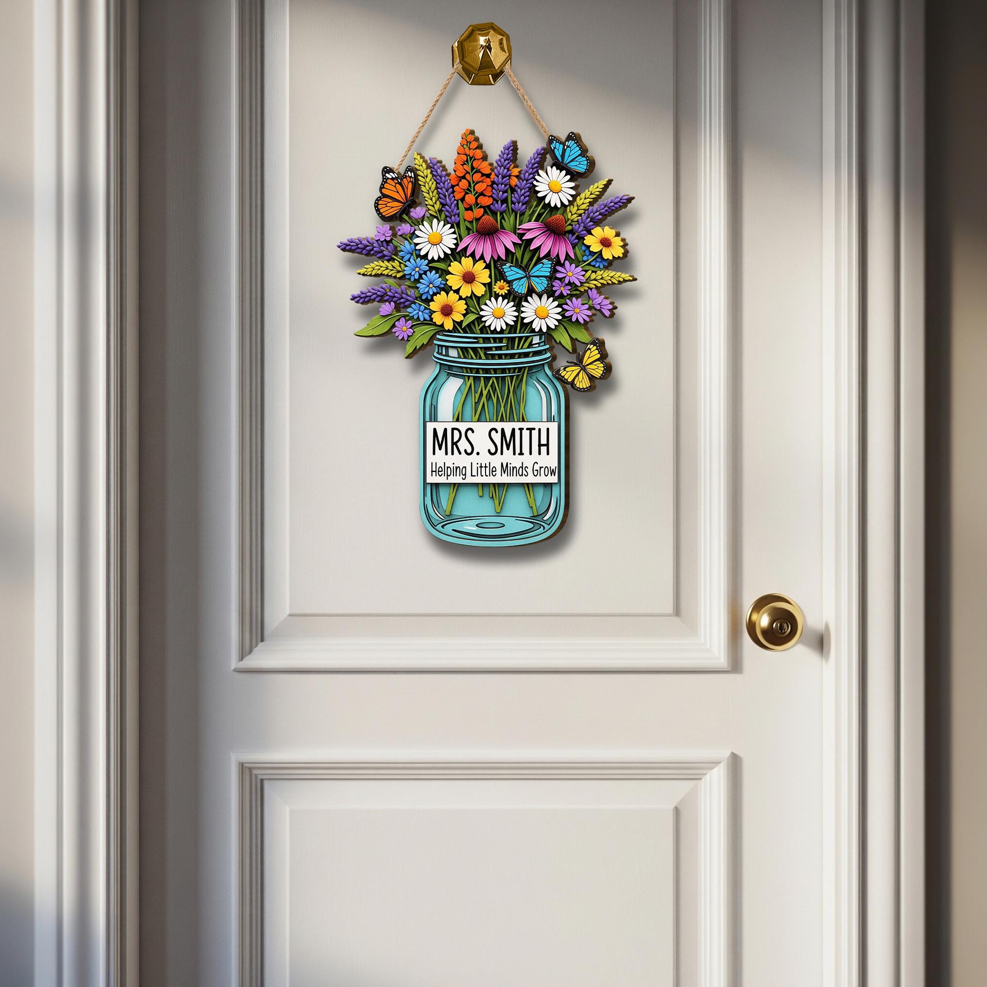 Personalized Teacher Door Sign with Jar and Wildflowers – “Helping Little Minds Grow” Custom Classroom Decor Gift for Teachers, Educators