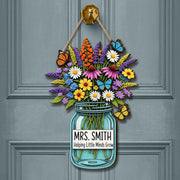 Personalized Teacher Door Sign with Jar and Wildflowers – “Helping Little Minds Grow” Custom Classroom Decor Gift for Teachers, Educators