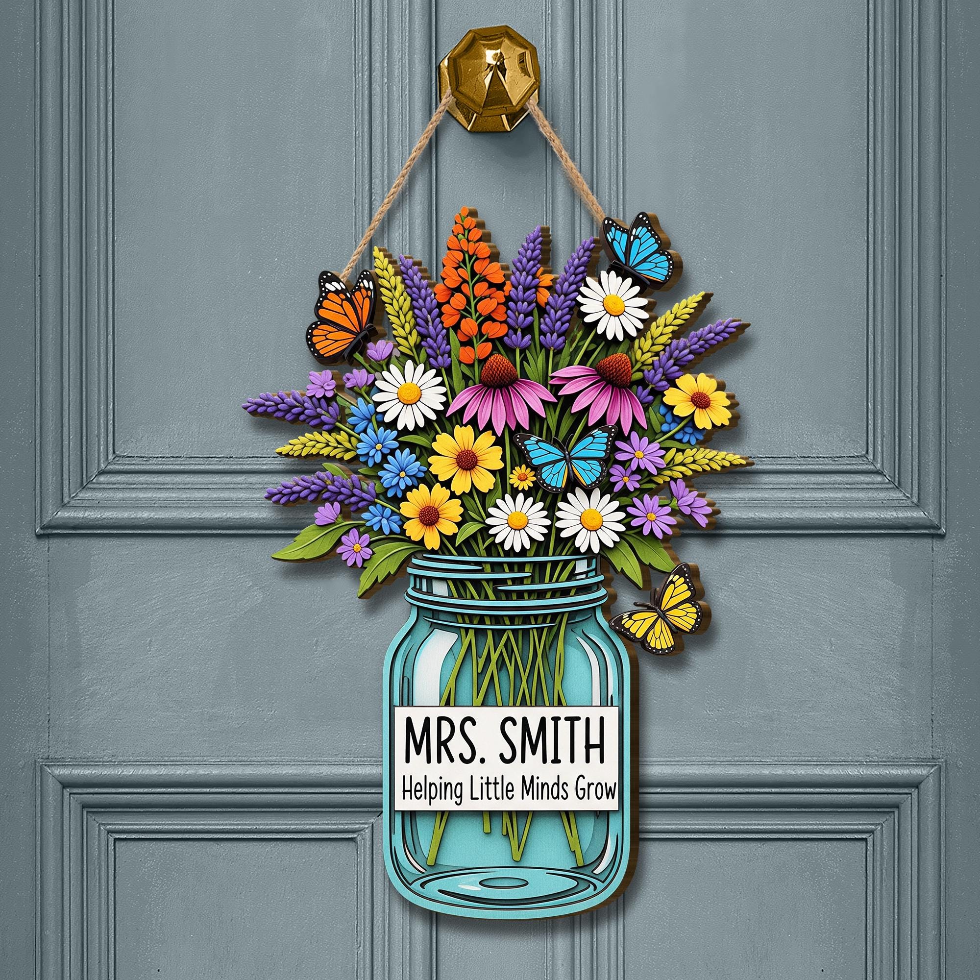 Personalized Teacher Door Sign with Jar and Wildflowers – “Helping Little Minds Grow” Custom Classroom Decor Gift for Teachers, Educators