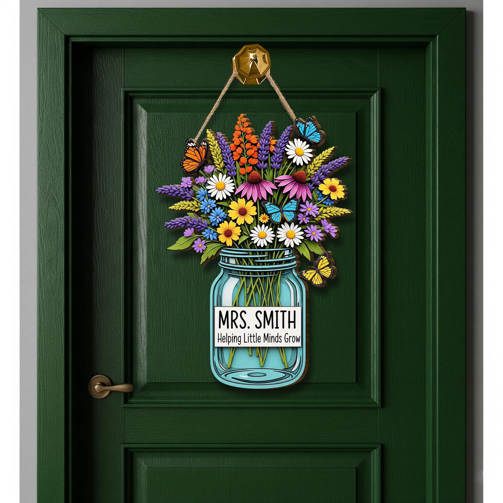 Personalized Teacher Door Sign with Jar and Wildflowers – “Helping Little Minds Grow” Custom Classroom Decor Gift for Teachers, Educators