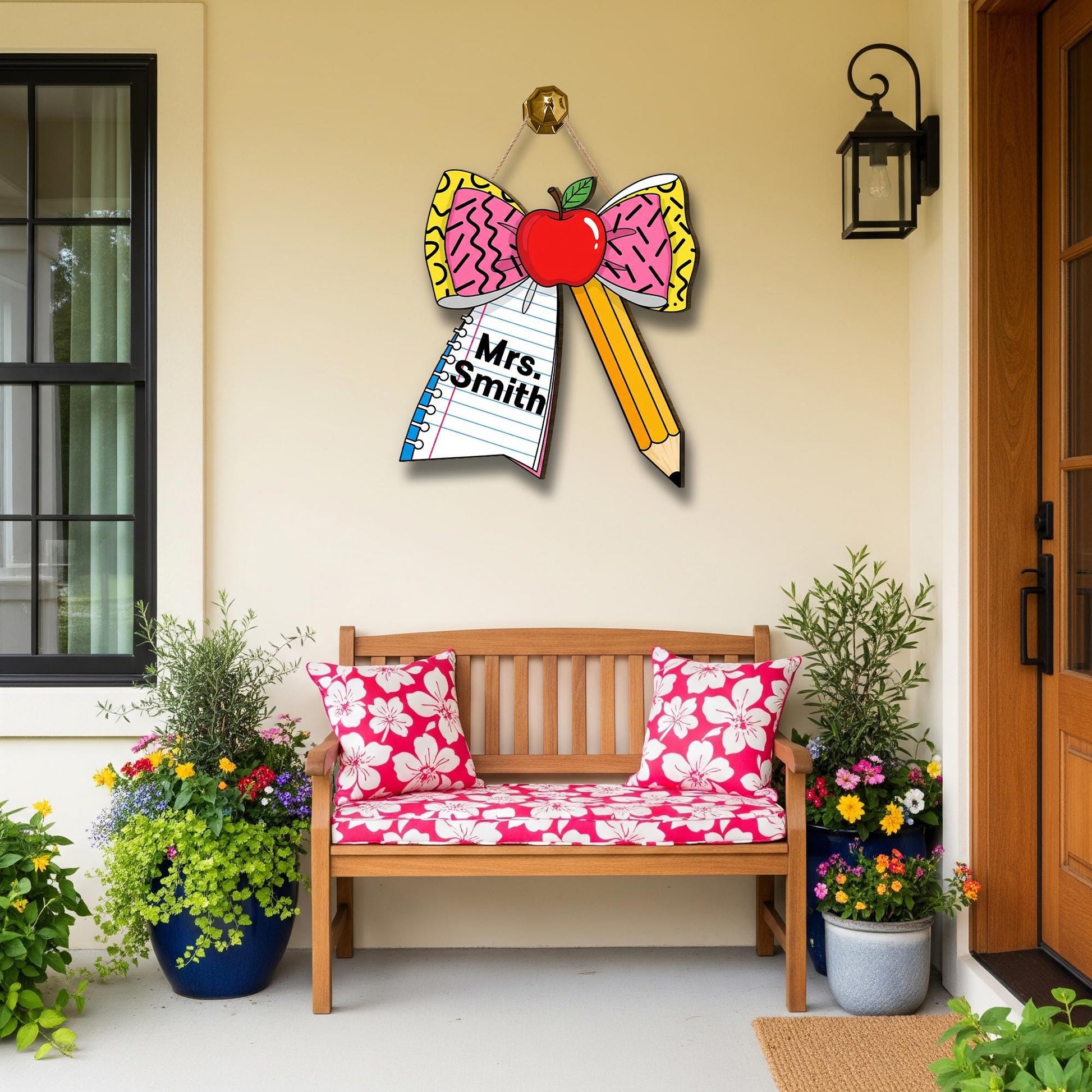 Personalized Teacher Bow Door Sign with Apple, Pencil & Notebook – Fun Custom Classroom Name Plaque for Back to School Decor