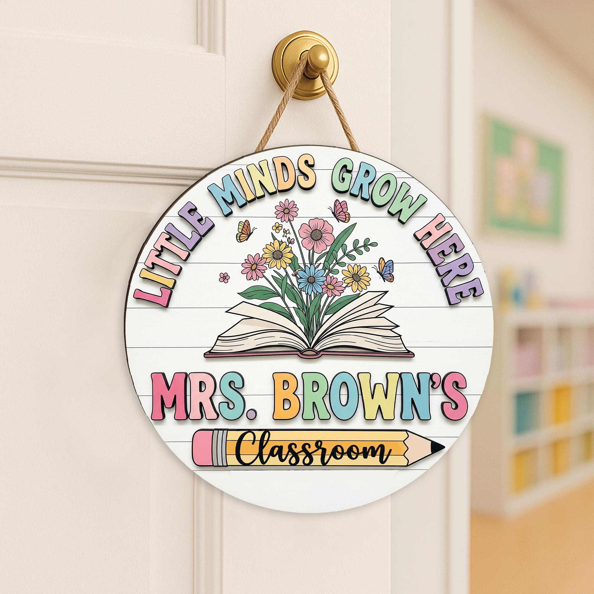 Little Minds Grow Here Sign, Teacher Classroom Decor, Custom Teacher Wooden Door Sign, 2 Layer Custom Name Plaque, School Gift Idea