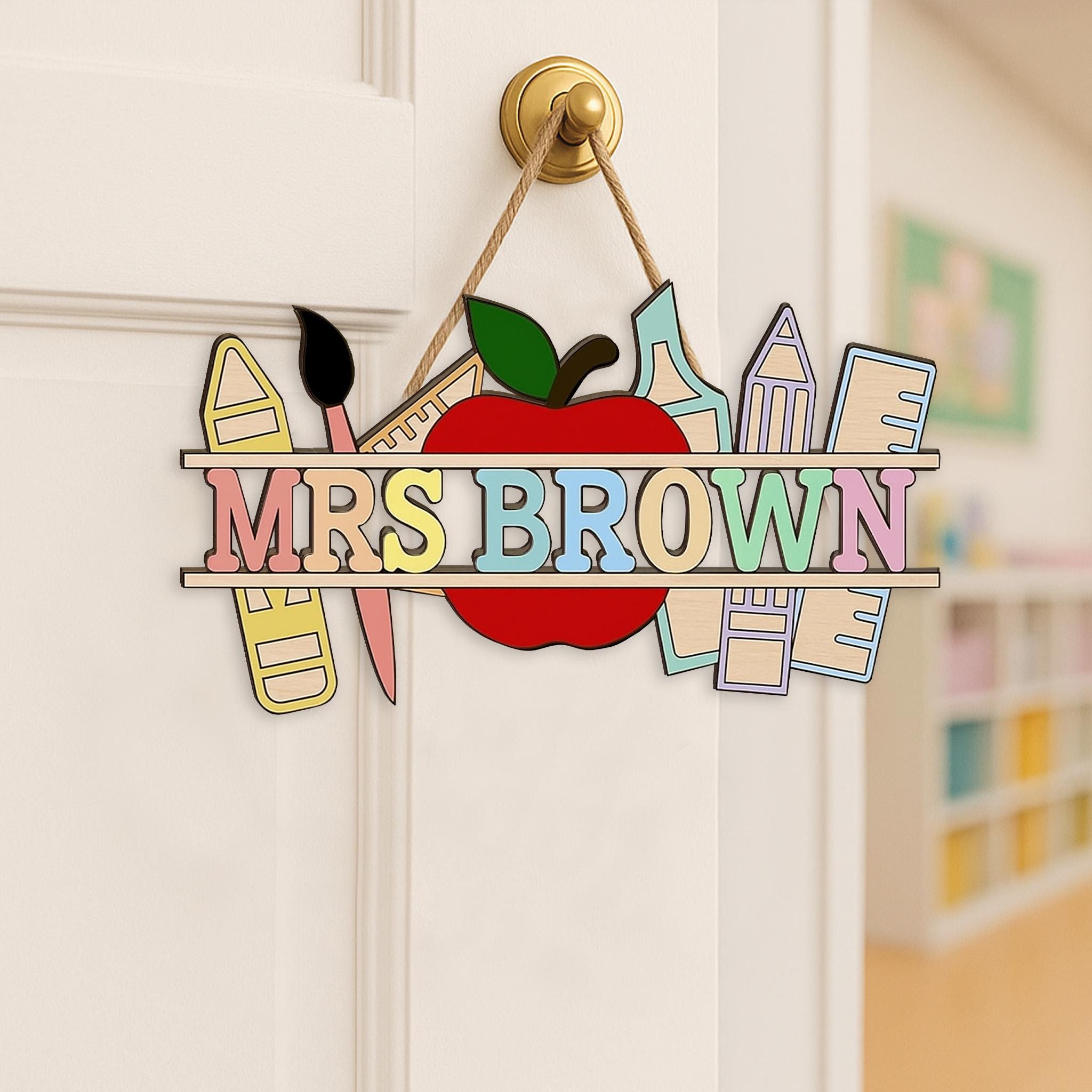 Personalized Teacher Sign, 2 Layer Wooden Classroom Decor, Custom Teacher Name Door Hanger, Back to School Gift, Apple Theme Sign