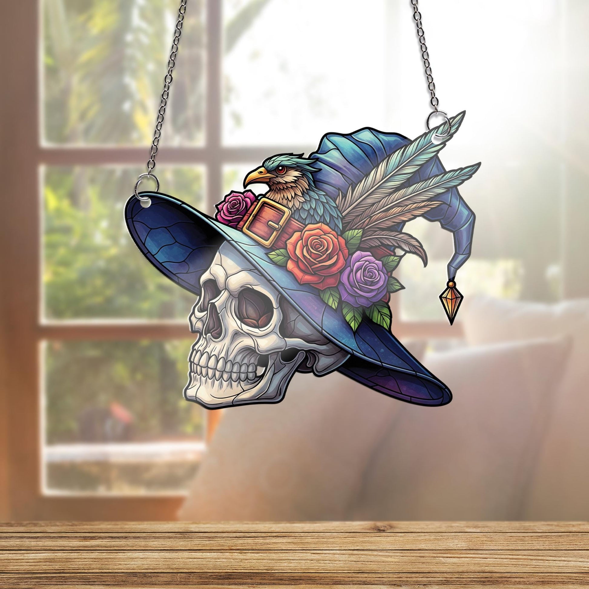 Skull Witch Hat Window Hanging – Faux Stained Glass Halloween Decor with Raven, Flowers & Feathers, Gothic Witchy Suncatcher