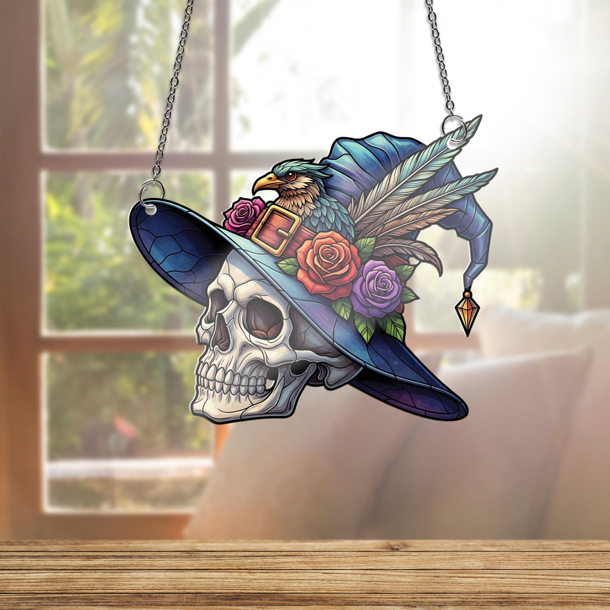 Skull Witch Hat Window Hanging – Faux Stained Glass Halloween Decor with Raven, Flowers & Feathers, Gothic Witchy Suncatcher