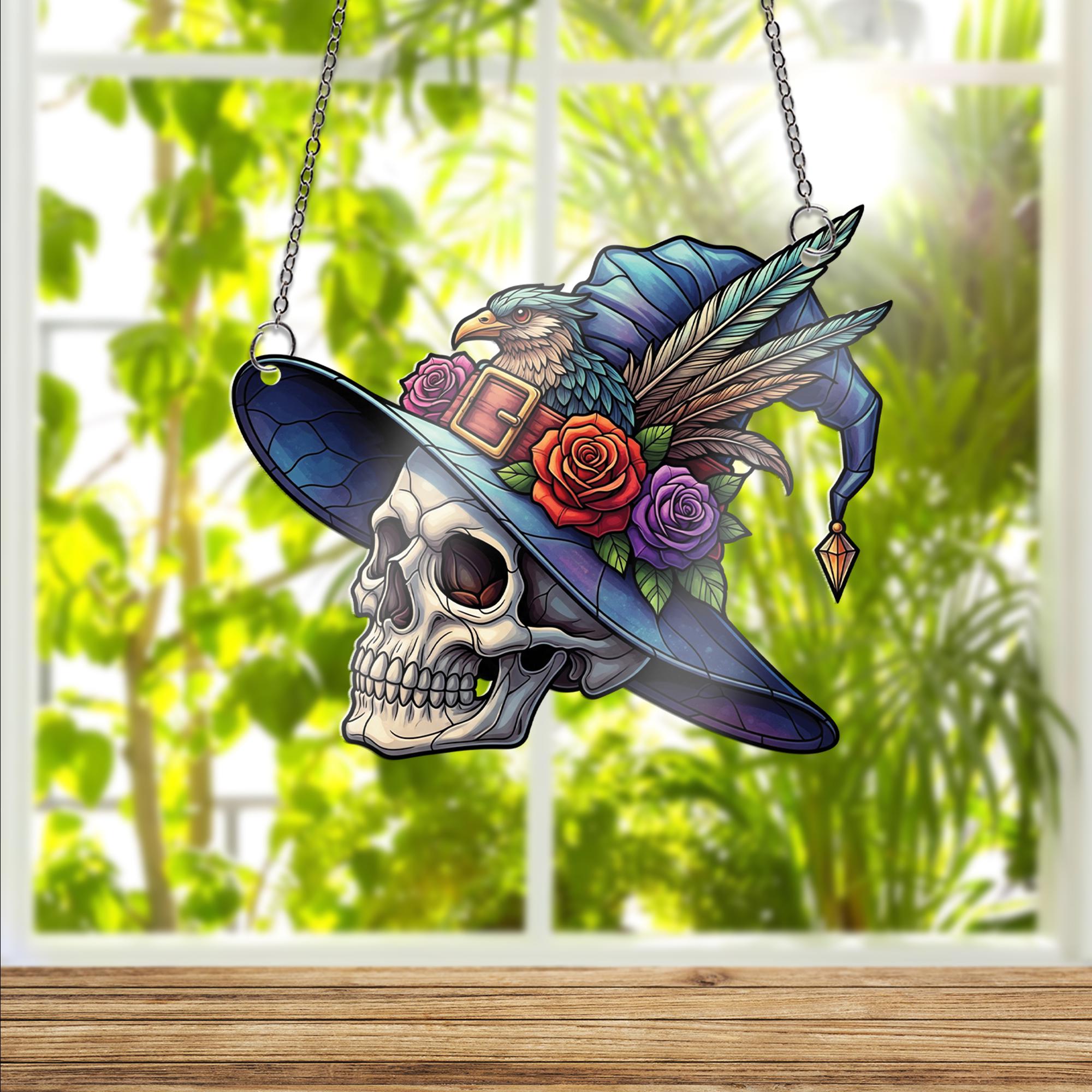 Skull Witch Hat Window Hanging – Faux Stained Glass Halloween Decor with Raven, Flowers & Feathers, Gothic Witchy Suncatcher