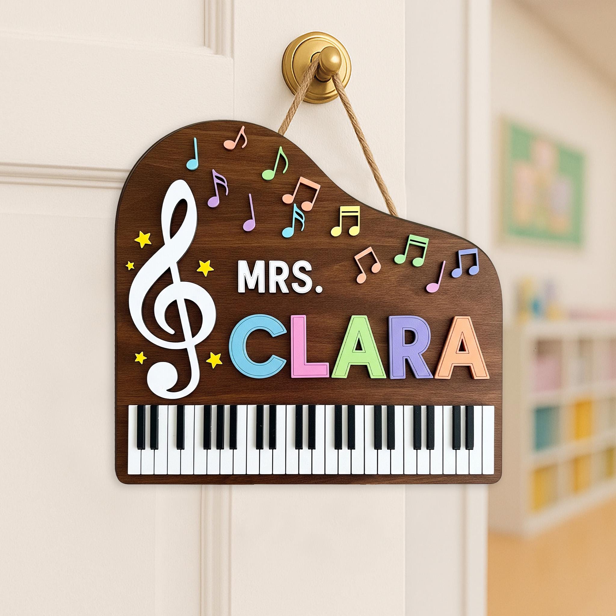 Personalized Music Teacher Sign, 2 Layer Wooden Piano Decor, Custom Name Door Hanger, Treble Clef Classroom Gift, Mrs Clara Sign