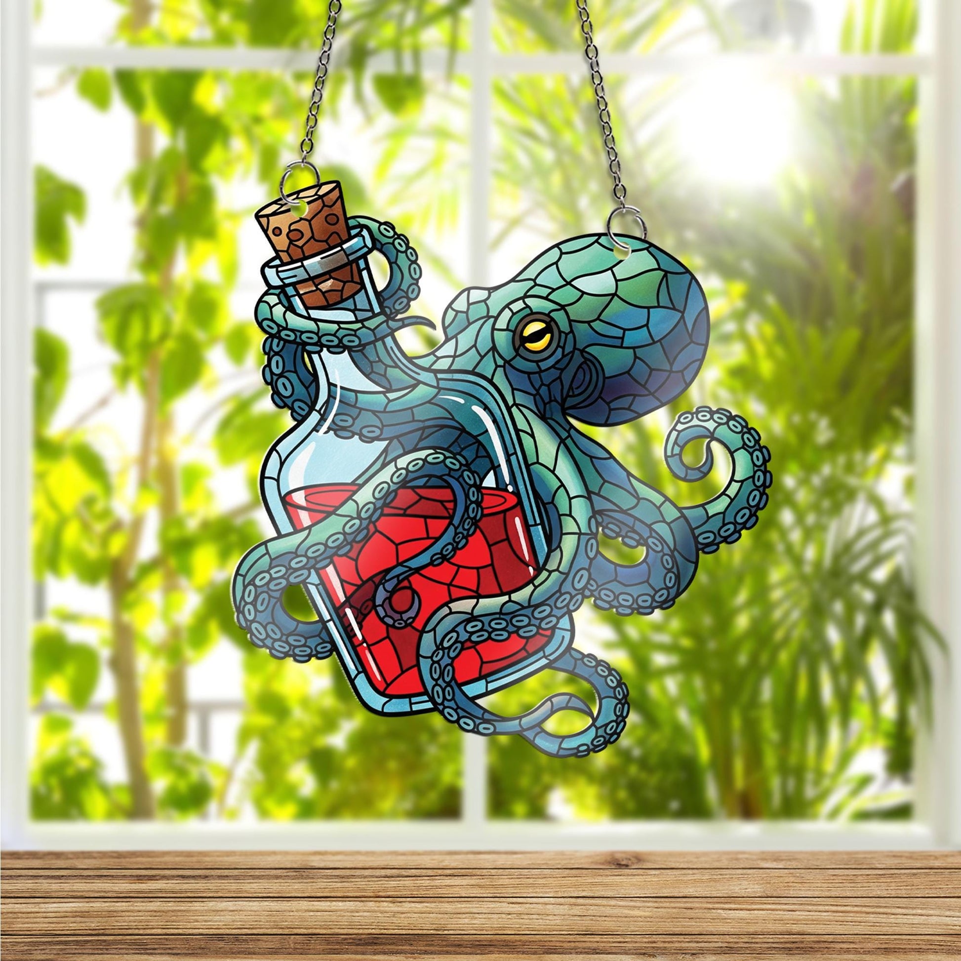 Octopus and Potion Window Hanging – Faux Stained Glass Sea Creature Decor, Nautical Gothic Kraken Suncatcher for Ocean Lovers
