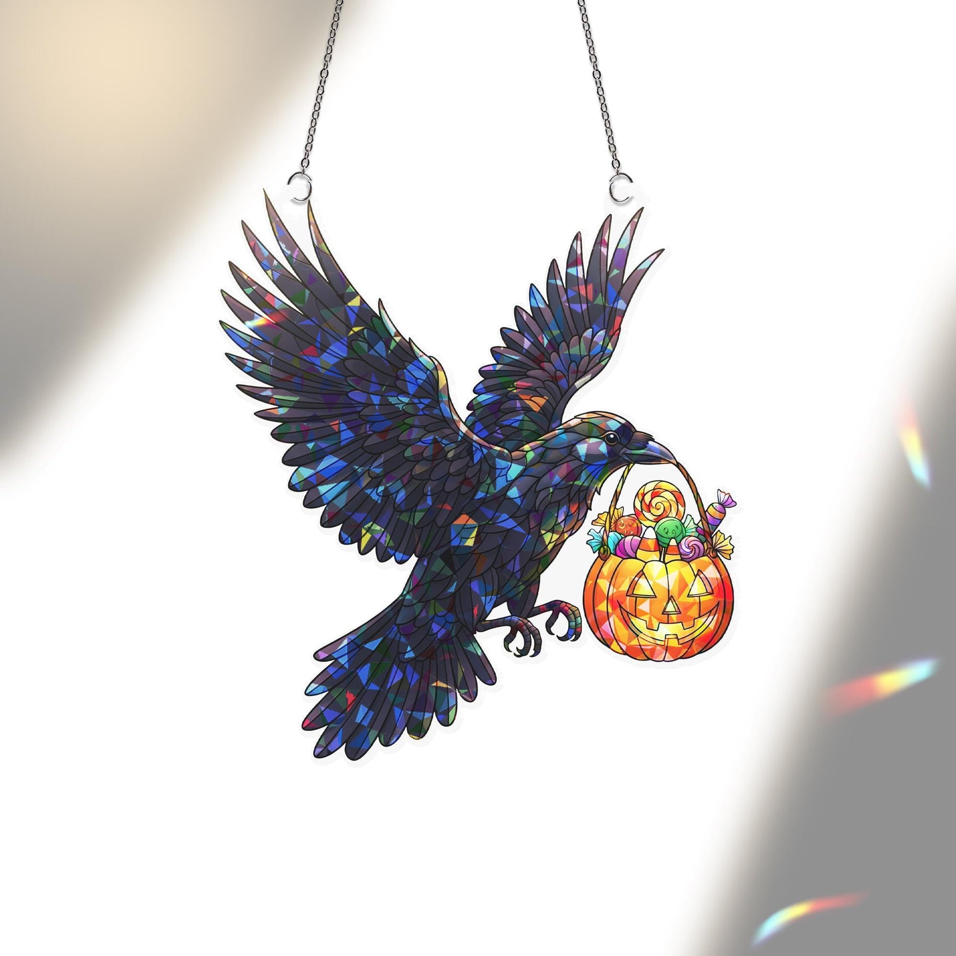 Halloween Raven Suncatcher, Stained Glass Window Hanging, Gothic Crow with Candy Bucket, Spooky Fall Decor