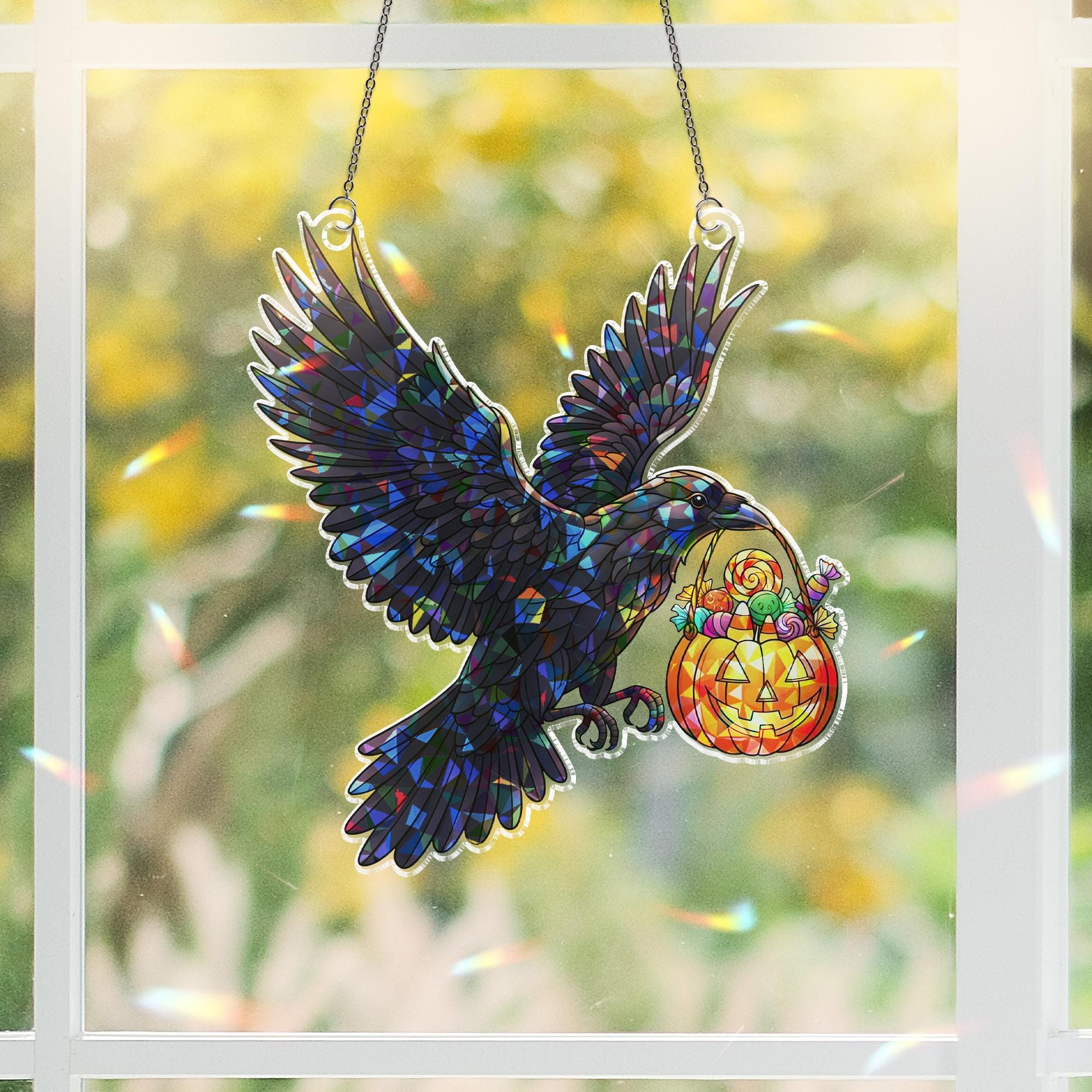 Halloween Raven Suncatcher, Stained Glass Window Hanging, Gothic Crow with Candy Bucket, Spooky Fall Decor
