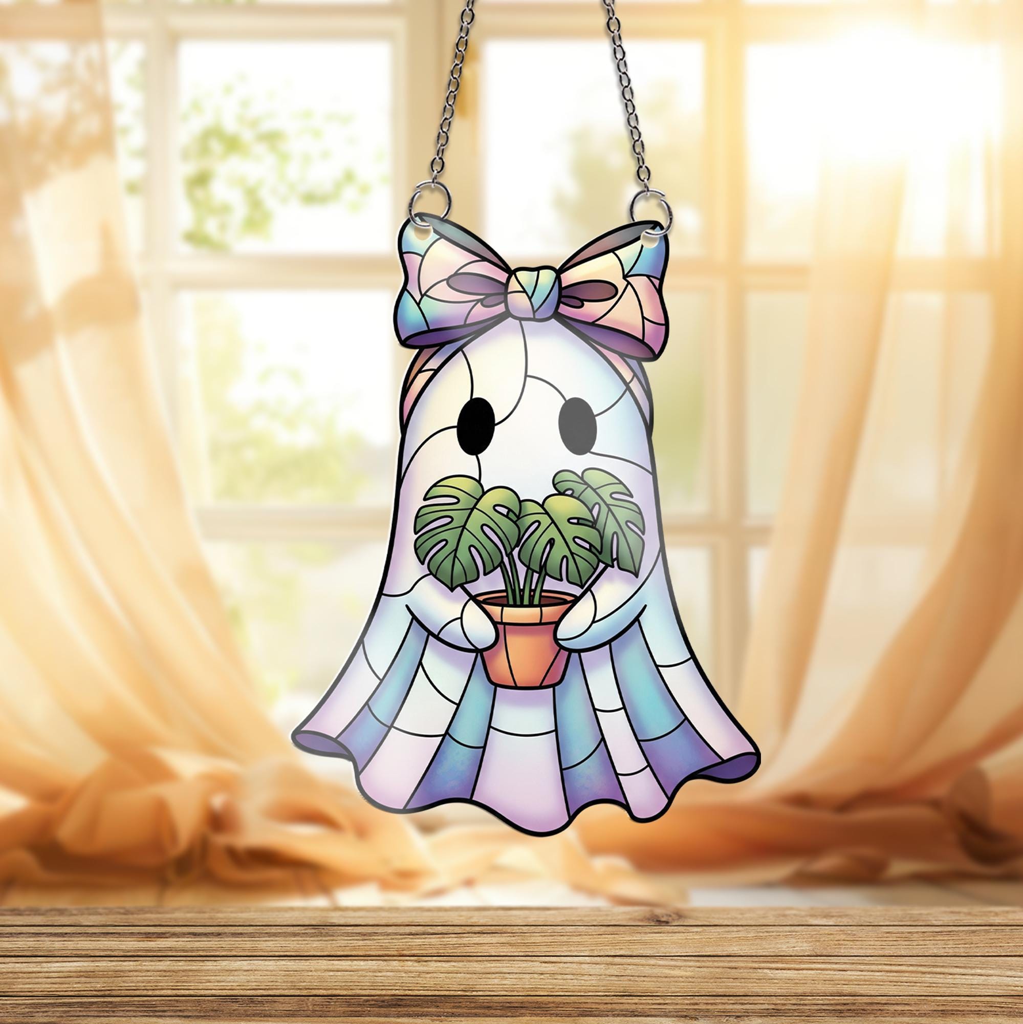 Iridescent Ghost Window Hanging – Faux Stained Glass Plant Lover Decor, Kawaii Spooky Suncatcher with Monstera and Pastel Bow