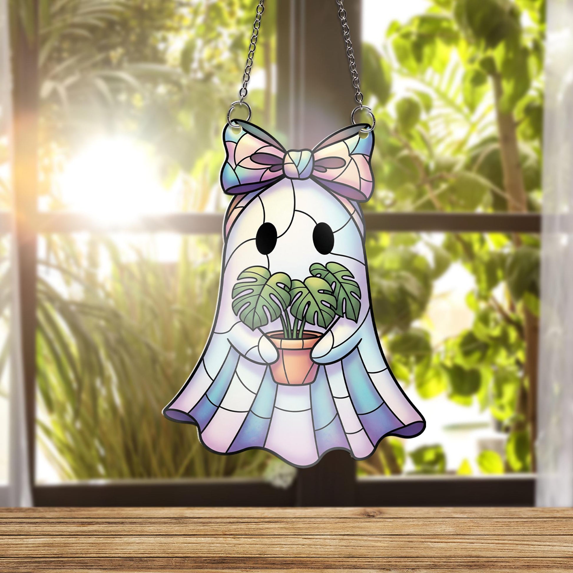 Iridescent Ghost Window Hanging – Faux Stained Glass Plant Lover Decor, Kawaii Spooky Suncatcher with Monstera and Pastel Bow