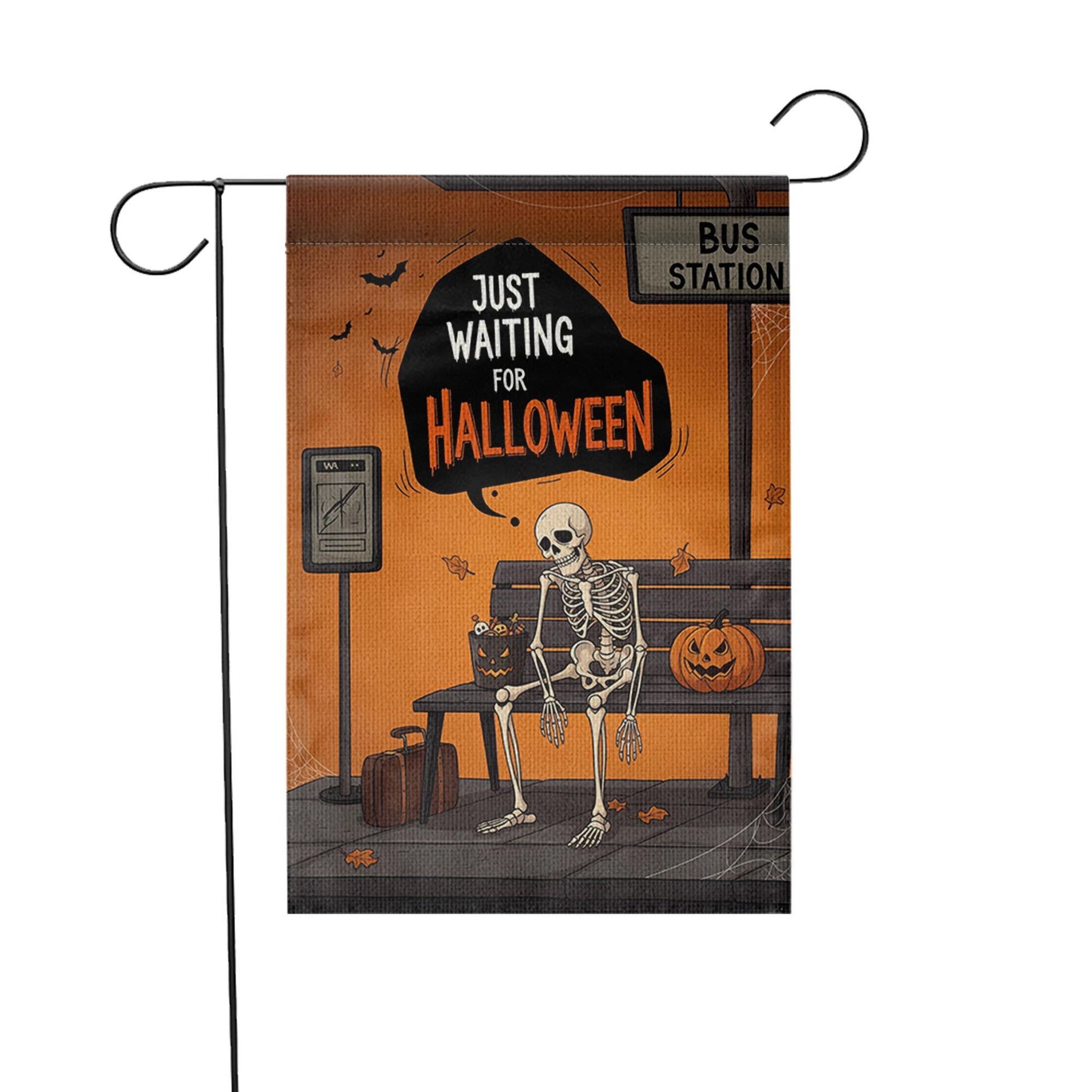 Funny Halloween Skeleton Garden Flag, Waiting for Halloween Yard Decor, Spooky Outdoor Flag for Fall Porch or Lawn