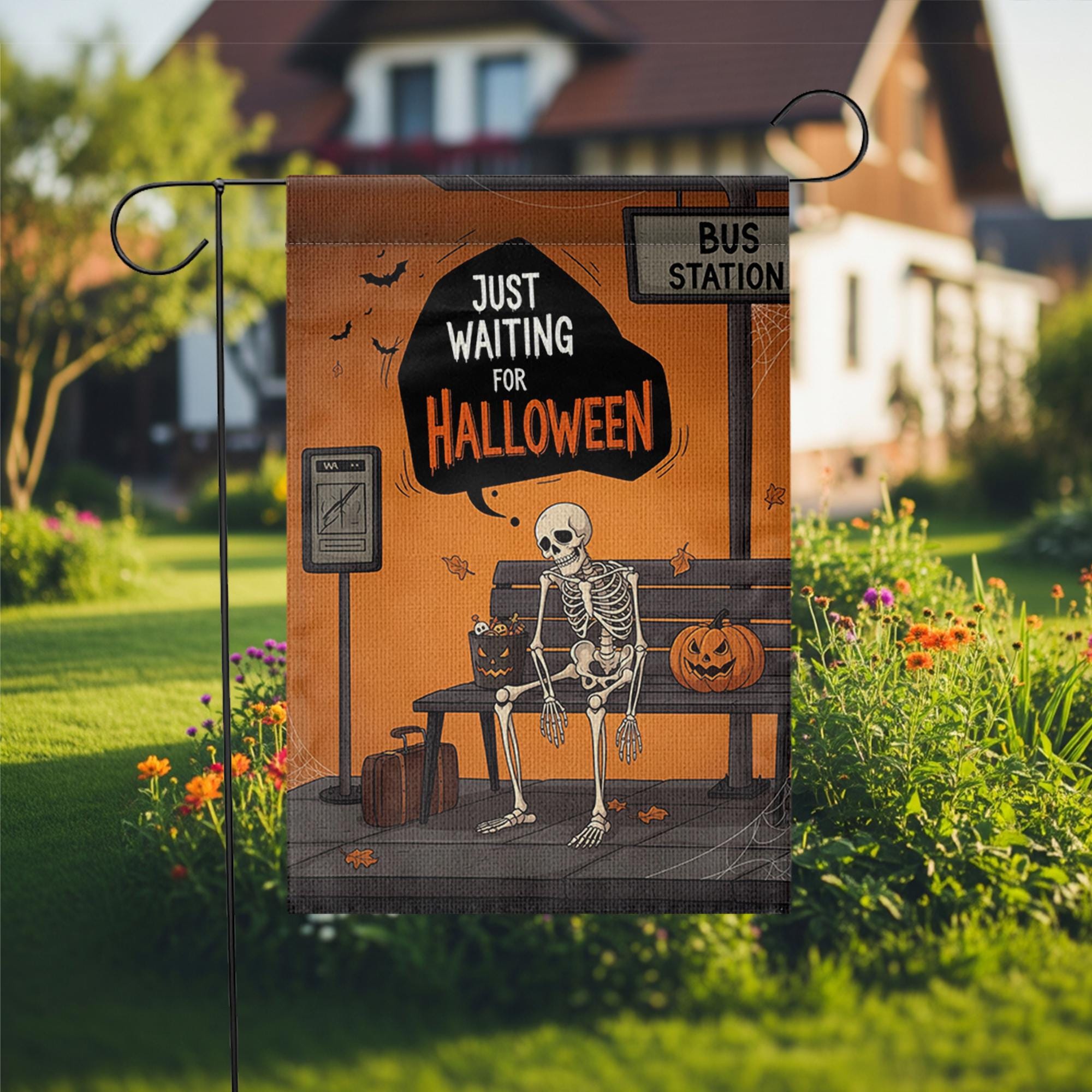 Funny Halloween Skeleton Garden Flag, Waiting for Halloween Yard Decor, Spooky Outdoor Flag for Fall Porch or Lawn