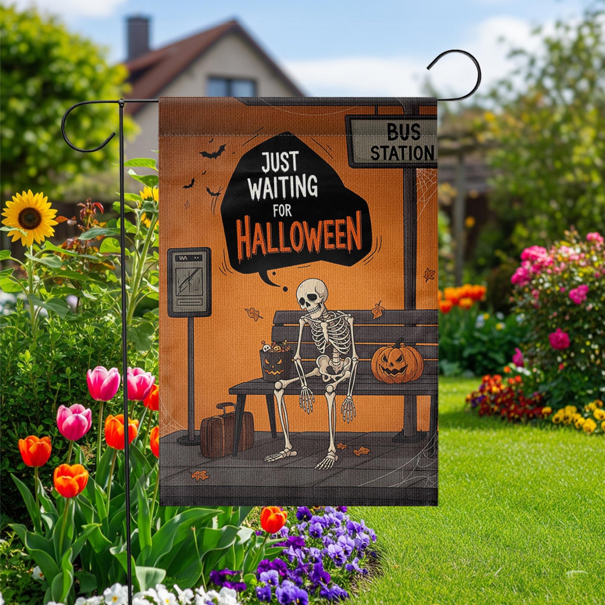 Funny Halloween Skeleton Garden Flag, Waiting for Halloween Yard Decor, Spooky Outdoor Flag for Fall Porch or Lawn