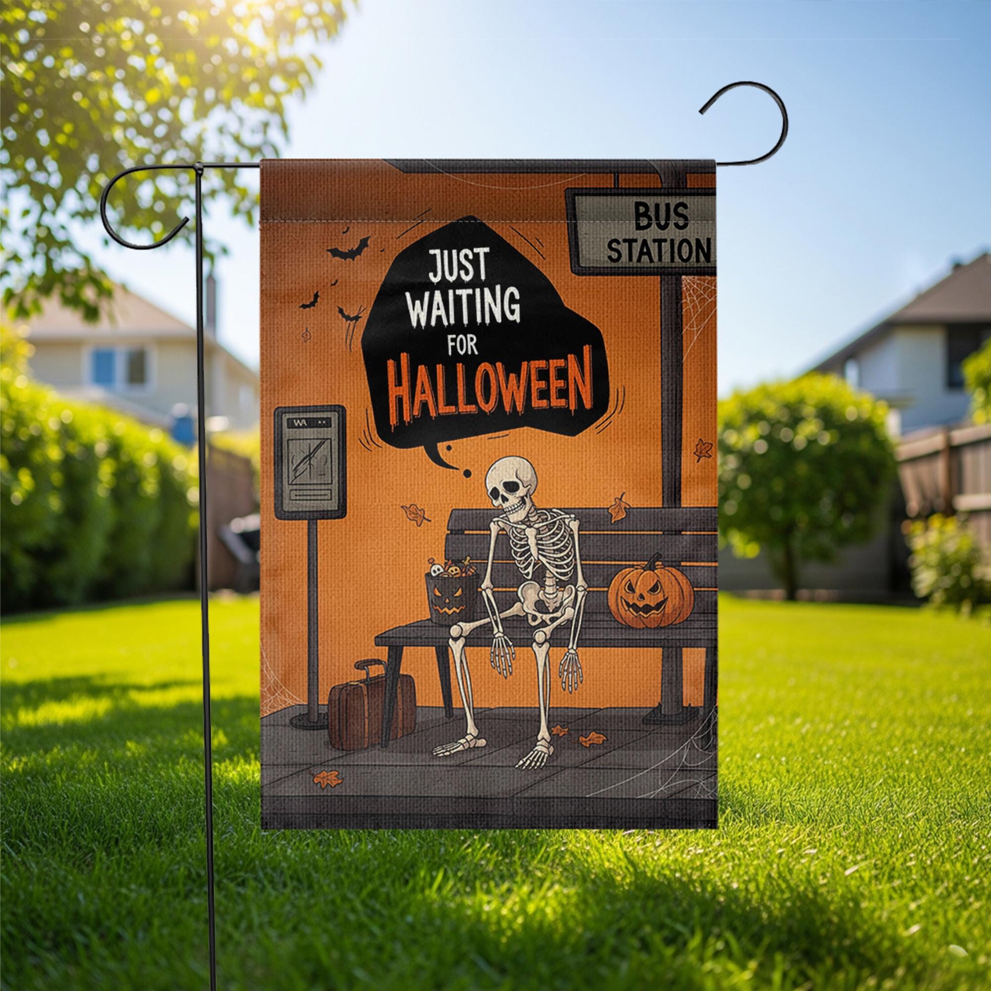 Funny Halloween Skeleton Garden Flag, Waiting for Halloween Yard Decor, Spooky Outdoor Flag for Fall Porch or Lawn