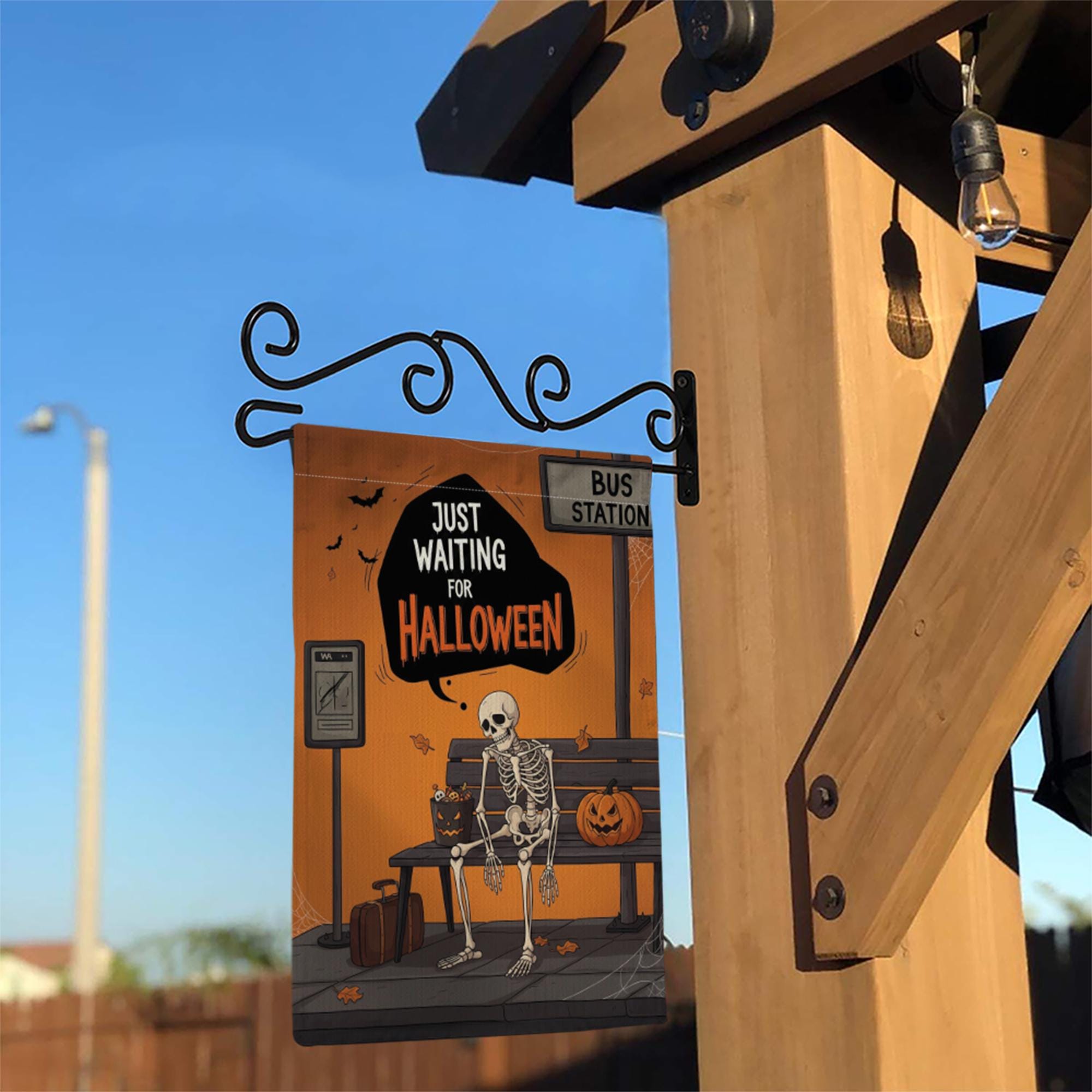 Funny Halloween Skeleton Garden Flag, Waiting for Halloween Yard Decor, Spooky Outdoor Flag for Fall Porch or Lawn