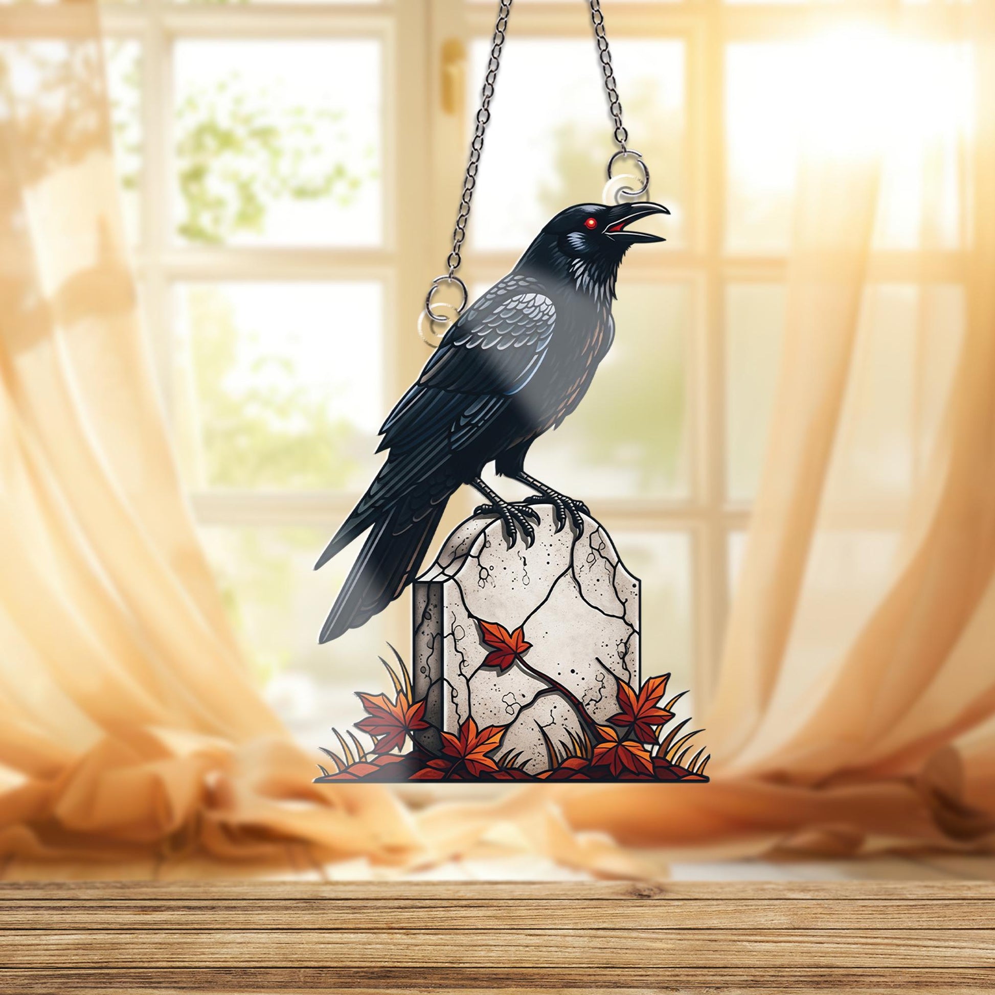 Gothic Raven Ornament , Crow on Tombstone Ornament, Spooky Halloween Window Hanging, Edgar Allan Poe Inspired Art, Autumn Fall Decor