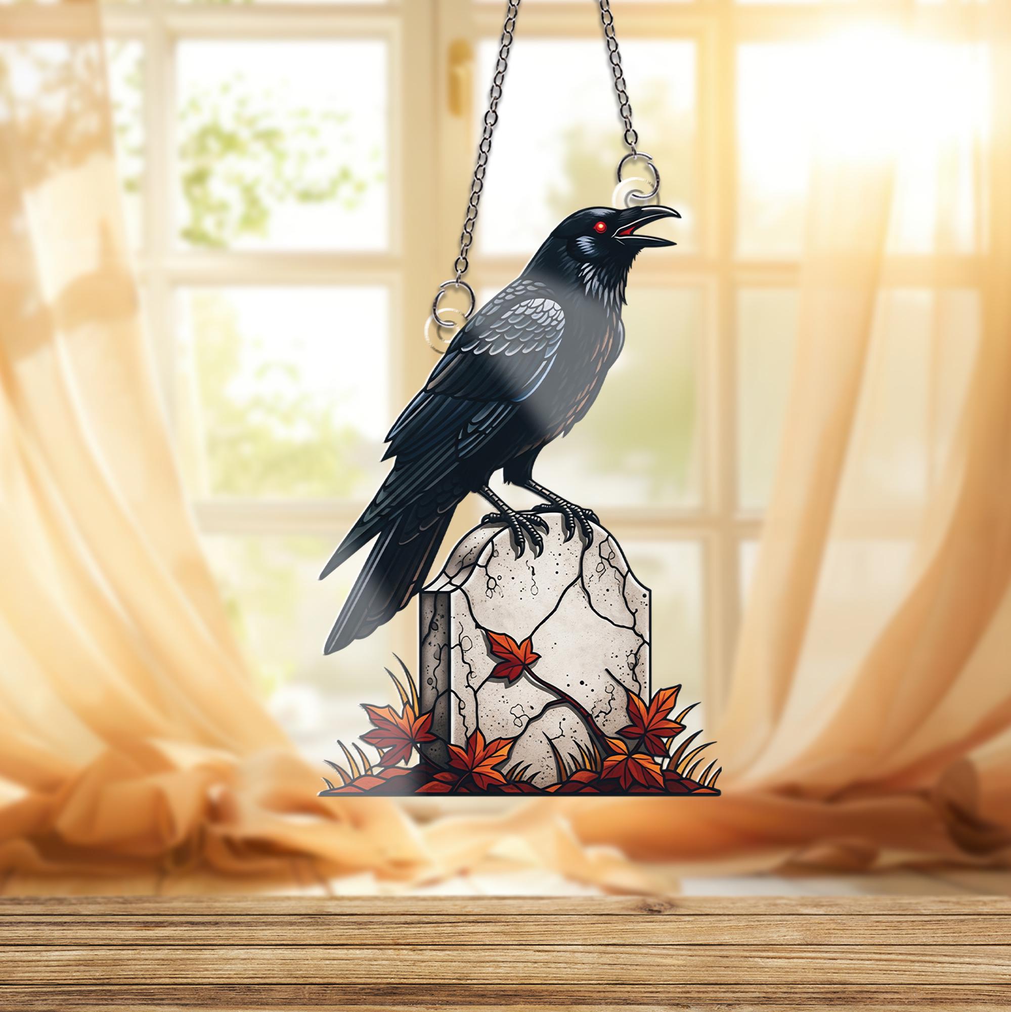 Gothic Raven Ornament , Crow on Tombstone Ornament, Spooky Halloween Window Hanging, Edgar Allan Poe Inspired Art, Autumn Fall Decor