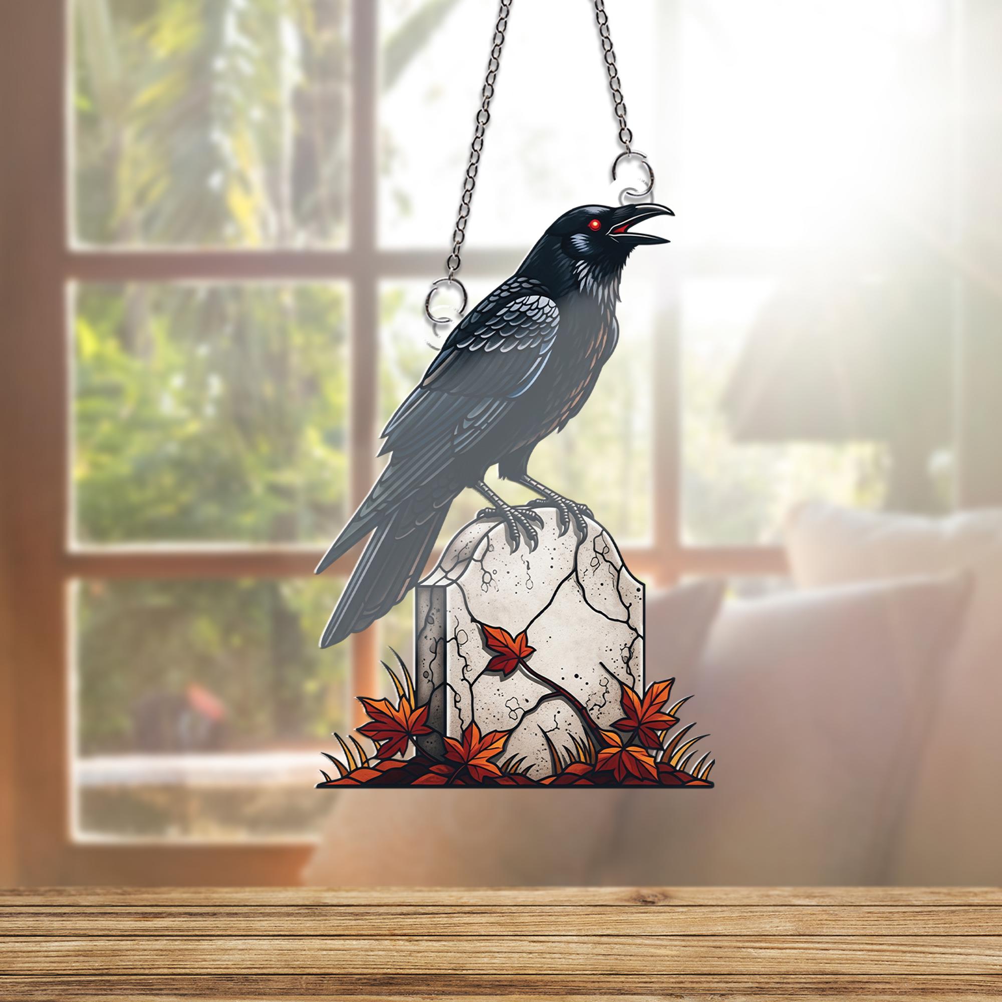 Gothic Raven Ornament , Crow on Tombstone Ornament, Spooky Halloween Window Hanging, Edgar Allan Poe Inspired Art, Autumn Fall Decor