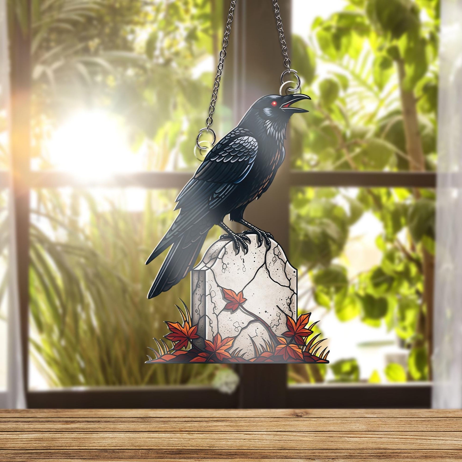 Gothic Raven Ornament , Crow on Tombstone Ornament, Spooky Halloween Window Hanging, Edgar Allan Poe Inspired Art, Autumn Fall Decor