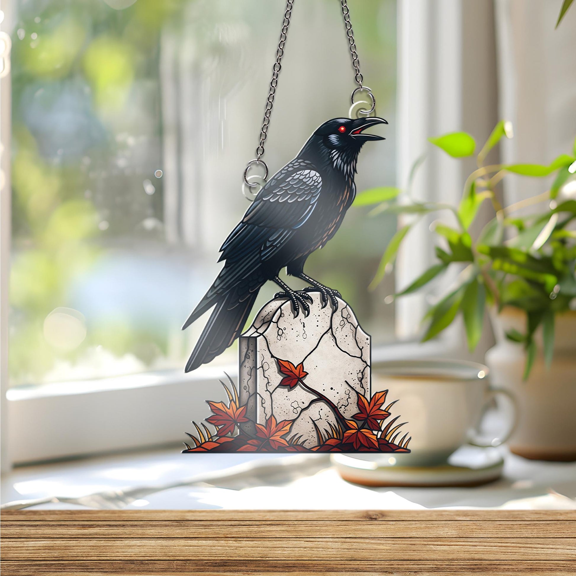Gothic Raven Ornament , Crow on Tombstone Ornament, Spooky Halloween Window Hanging, Edgar Allan Poe Inspired Art, Autumn Fall Decor