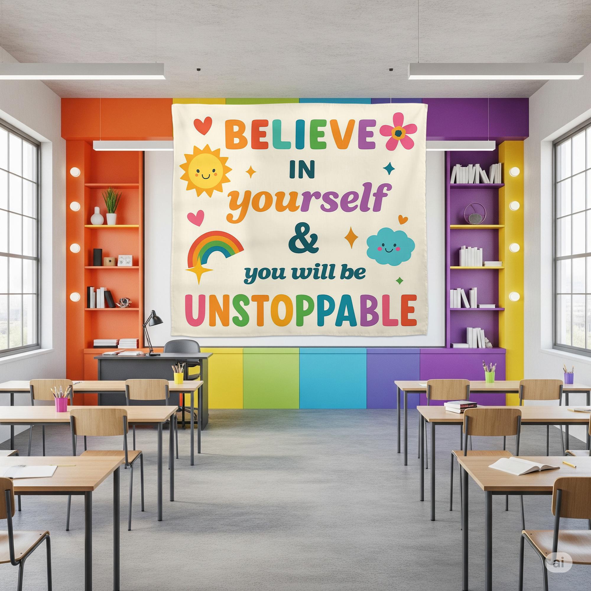 Believe in Yourself Classroom Wall Tapestry, Motivational Quote Banner, Unstoppable Kid Room, Teacher Decor, Positive Poster, Back To School
