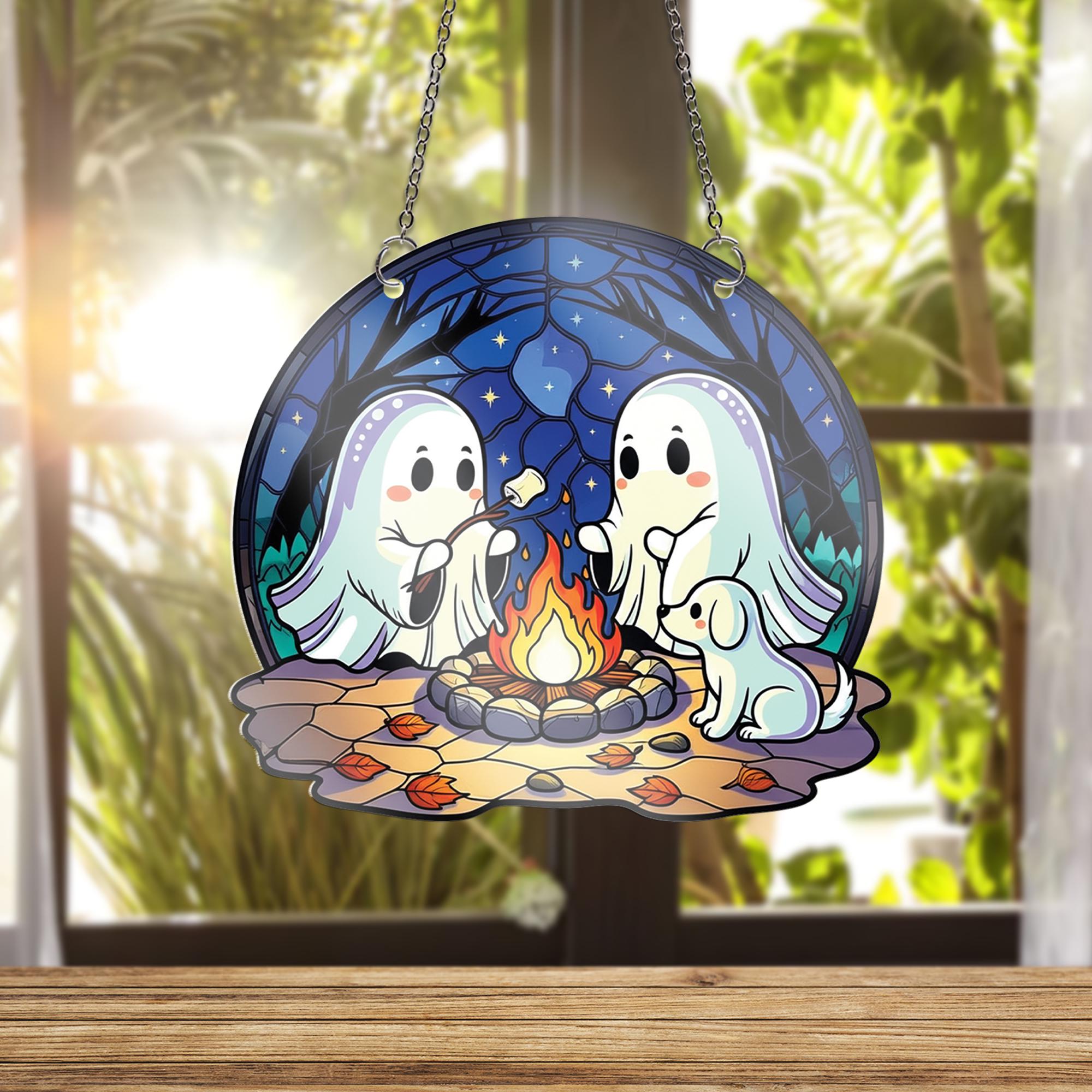 Ghost Campfire Window Hanging – Cute Faux Stained Glass Halloween Decor, Spooky Ghost Friends & Dog Suncatcher for Fall Windows
