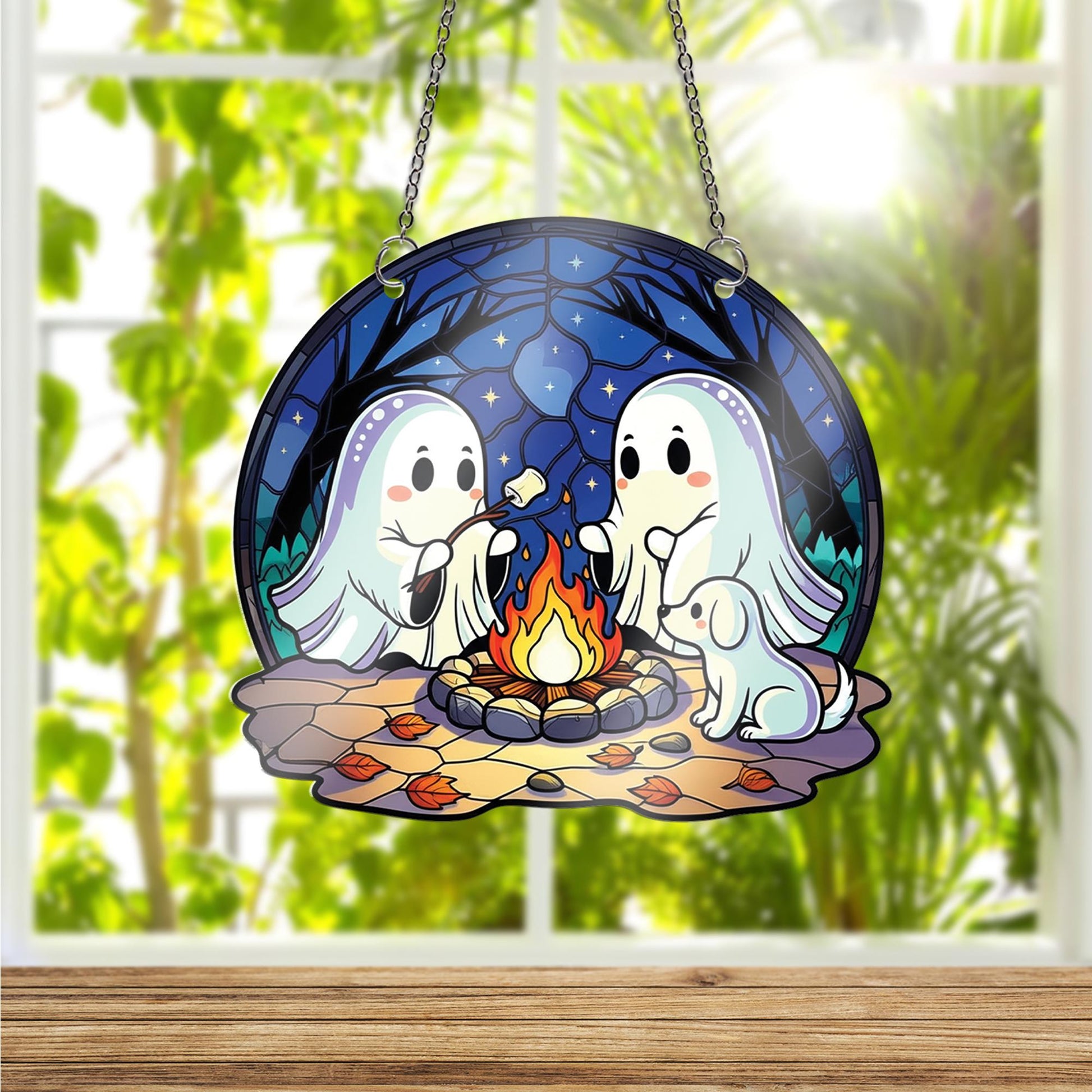 Ghost Campfire Window Hanging – Cute Faux Stained Glass Halloween Decor, Spooky Ghost Friends & Dog Suncatcher for Fall Windows