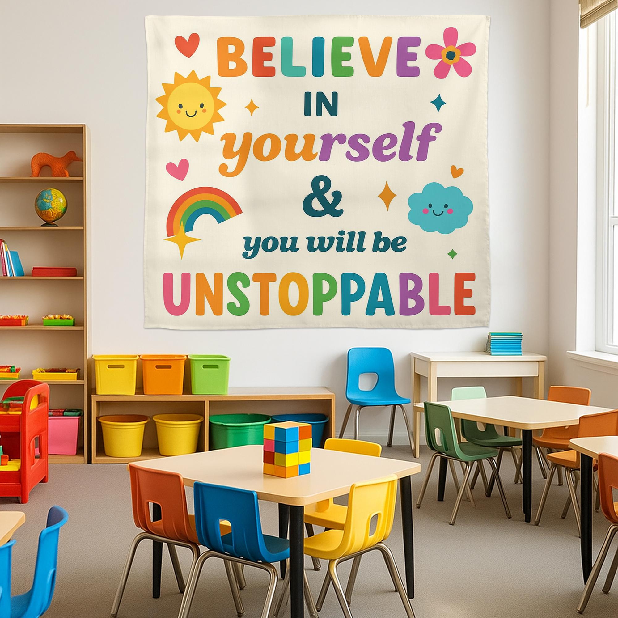 Believe in Yourself Classroom Wall Tapestry, Motivational Quote Banner, Unstoppable Kid Room, Teacher Decor, Positive Poster, Back To School