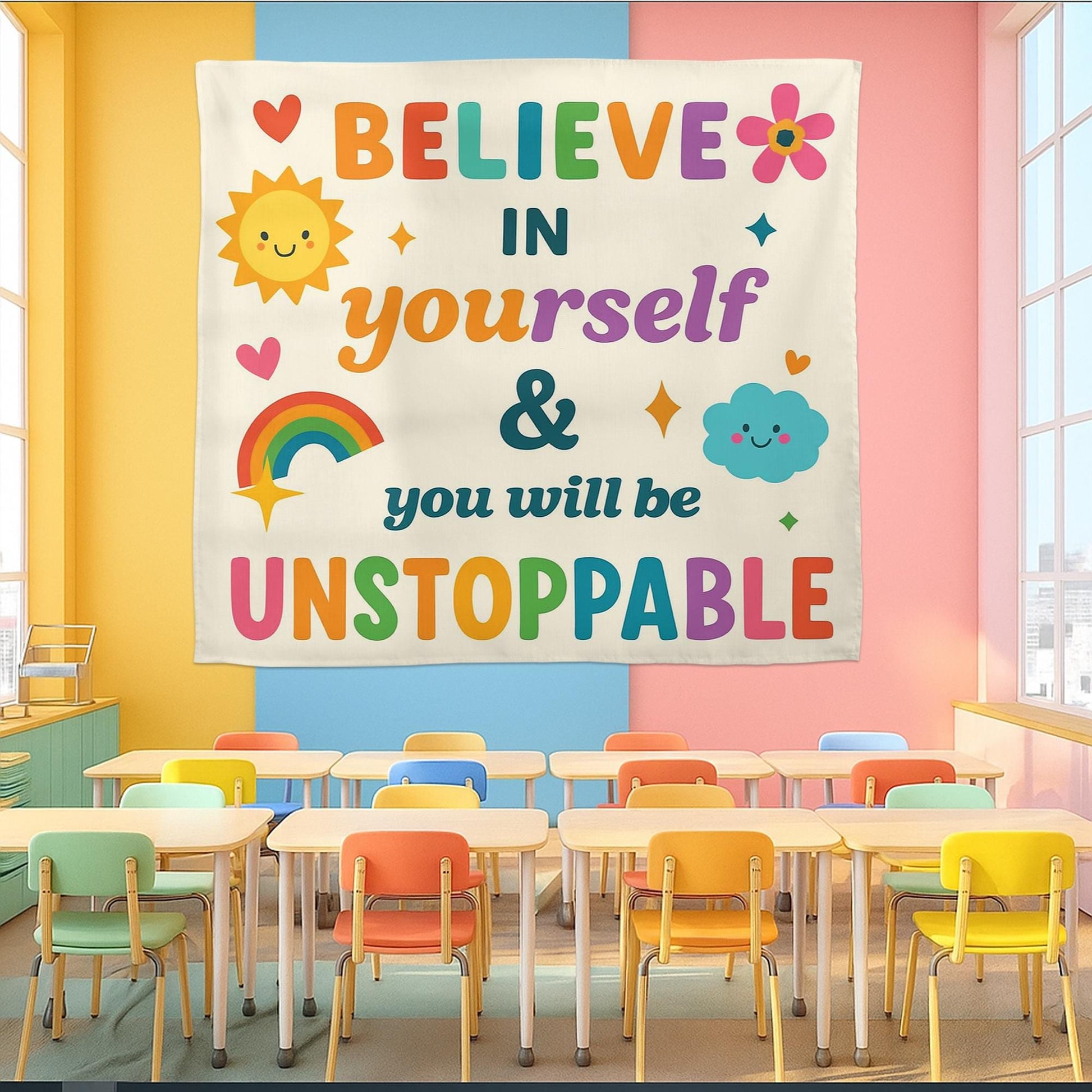 Believe in Yourself Classroom Wall Tapestry, Motivational Quote Banner, Unstoppable Kid Room, Teacher Decor, Positive Poster, Back To School