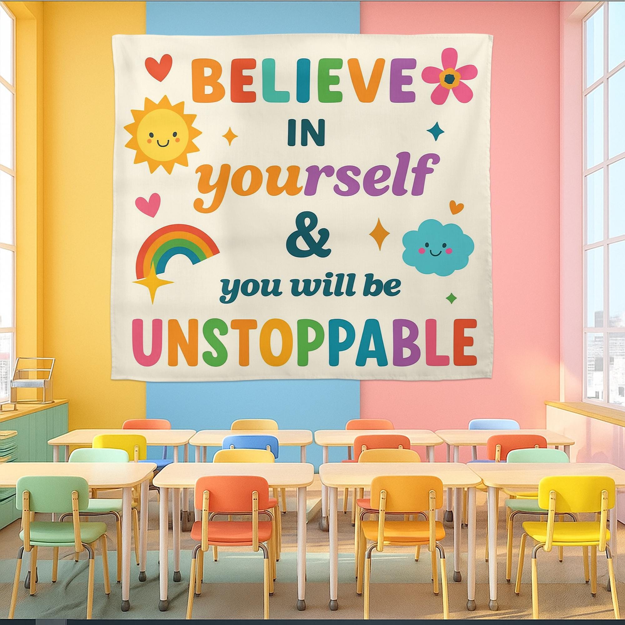 Believe in Yourself Classroom Wall Tapestry, Motivational Quote Banner, Unstoppable Kid Room, Teacher Decor, Positive Poster, Back To School