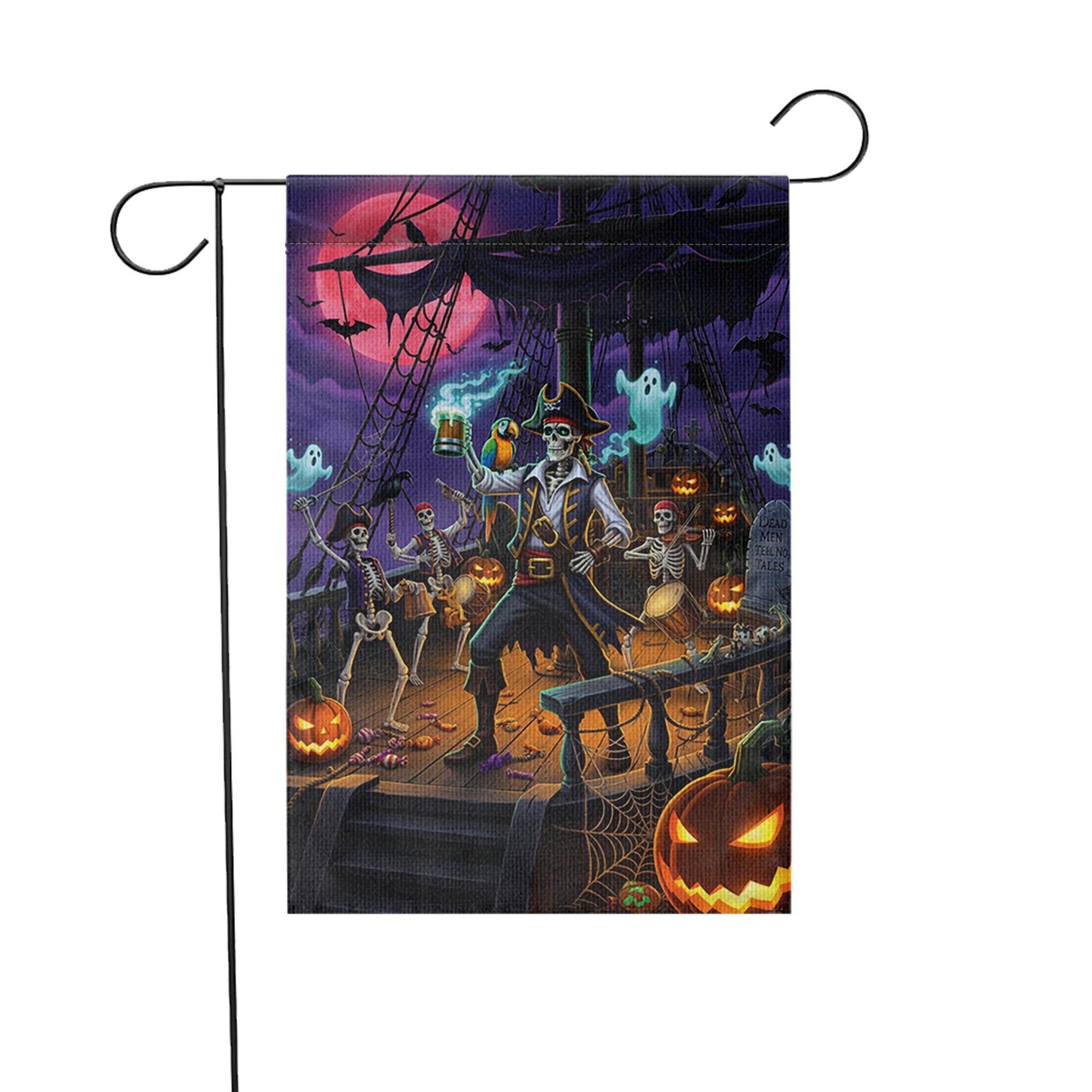 Pirate Skeleton Halloween Garden Flag, Spooky Pirate Ship Yard Decor, Ghost Pumpkin Outdoor Fall Flag for Lawn or Porch