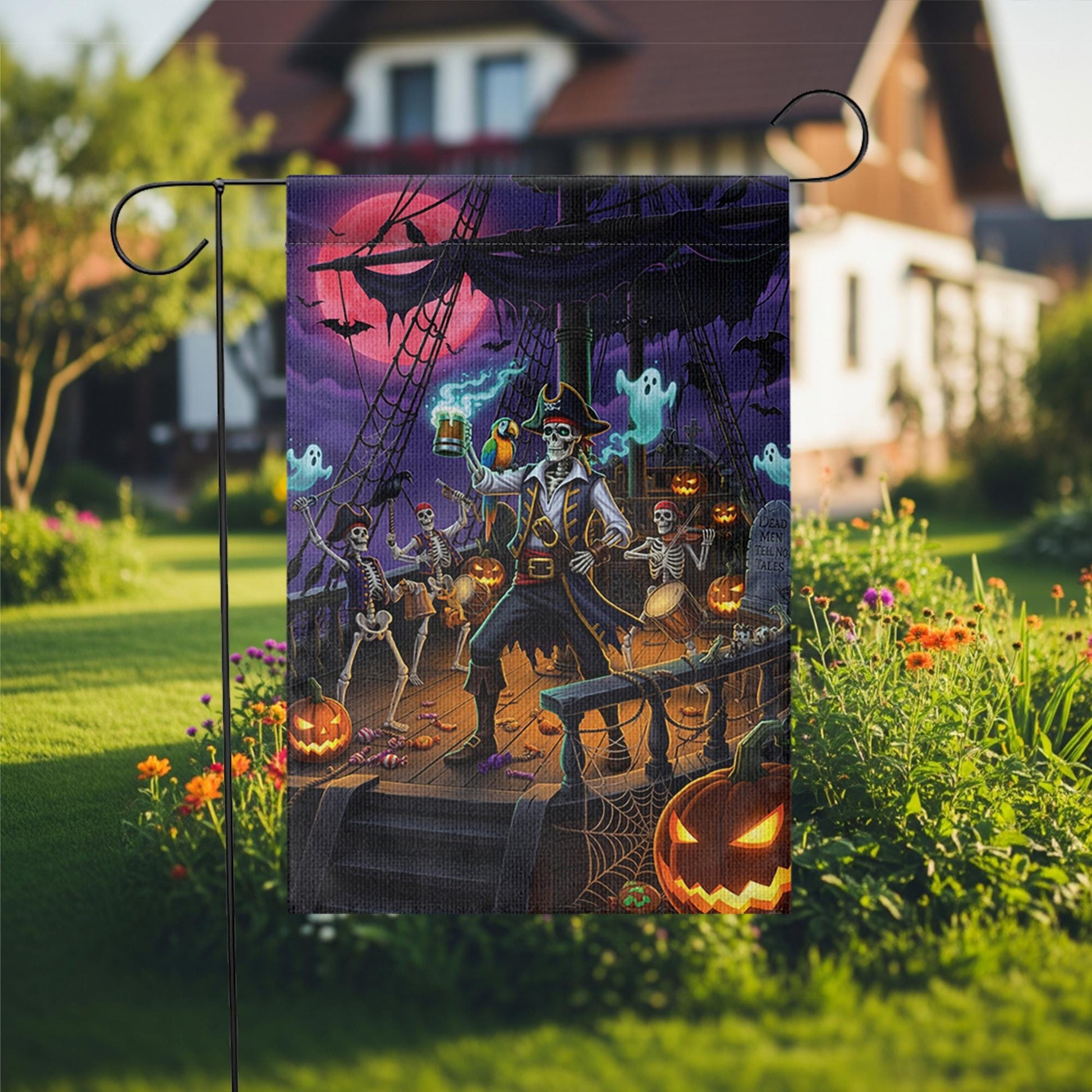 Pirate Skeleton Halloween Garden Flag, Spooky Pirate Ship Yard Decor, Ghost Pumpkin Outdoor Fall Flag for Lawn or Porch