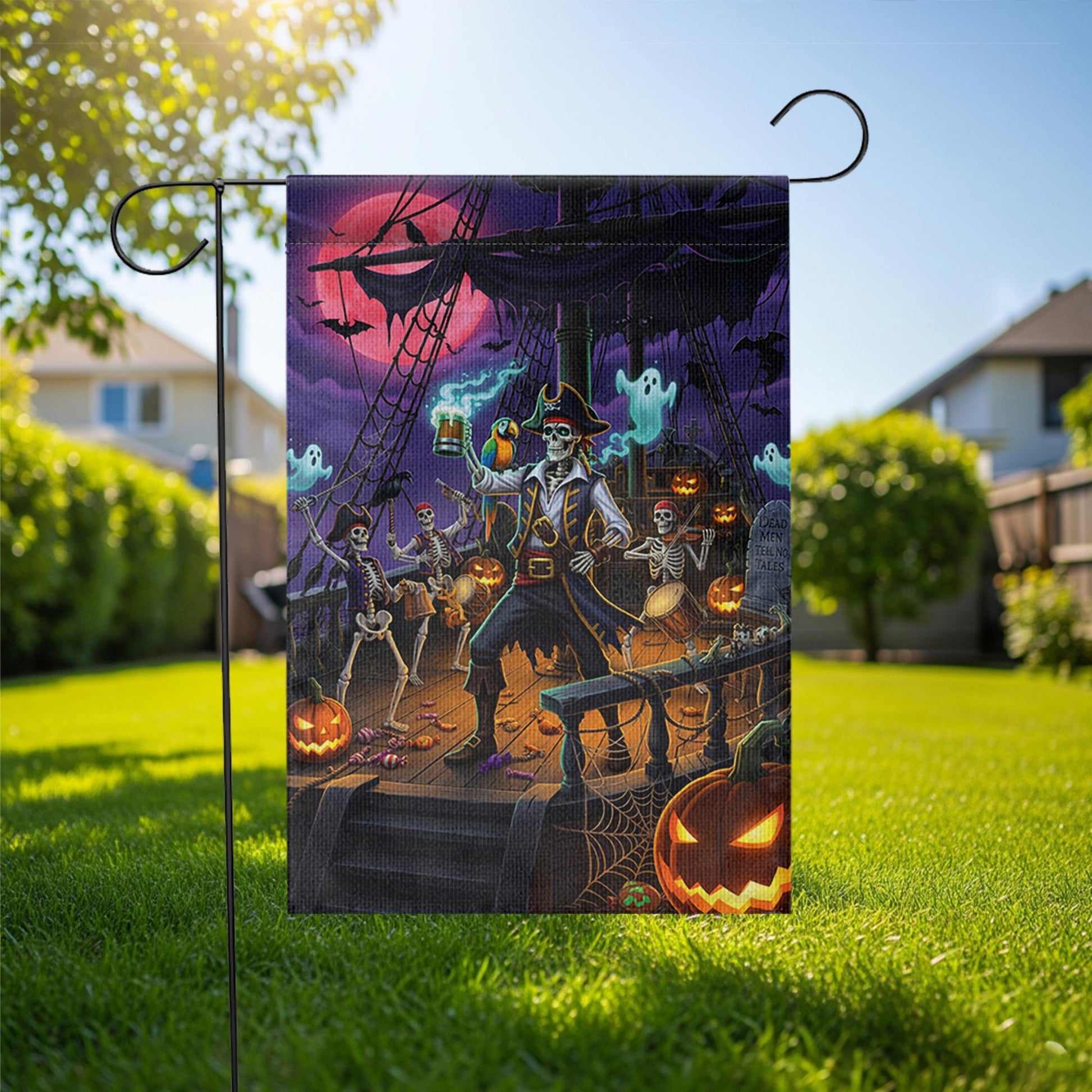 Pirate Skeleton Halloween Garden Flag, Spooky Pirate Ship Yard Decor, Ghost Pumpkin Outdoor Fall Flag for Lawn or Porch