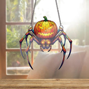 Spider Jack O'Lantern Faux Stained Glass Window Hanging – Halloween Suncatcher, Creepy Cute Pumpkin Spider Gothic Home Decor