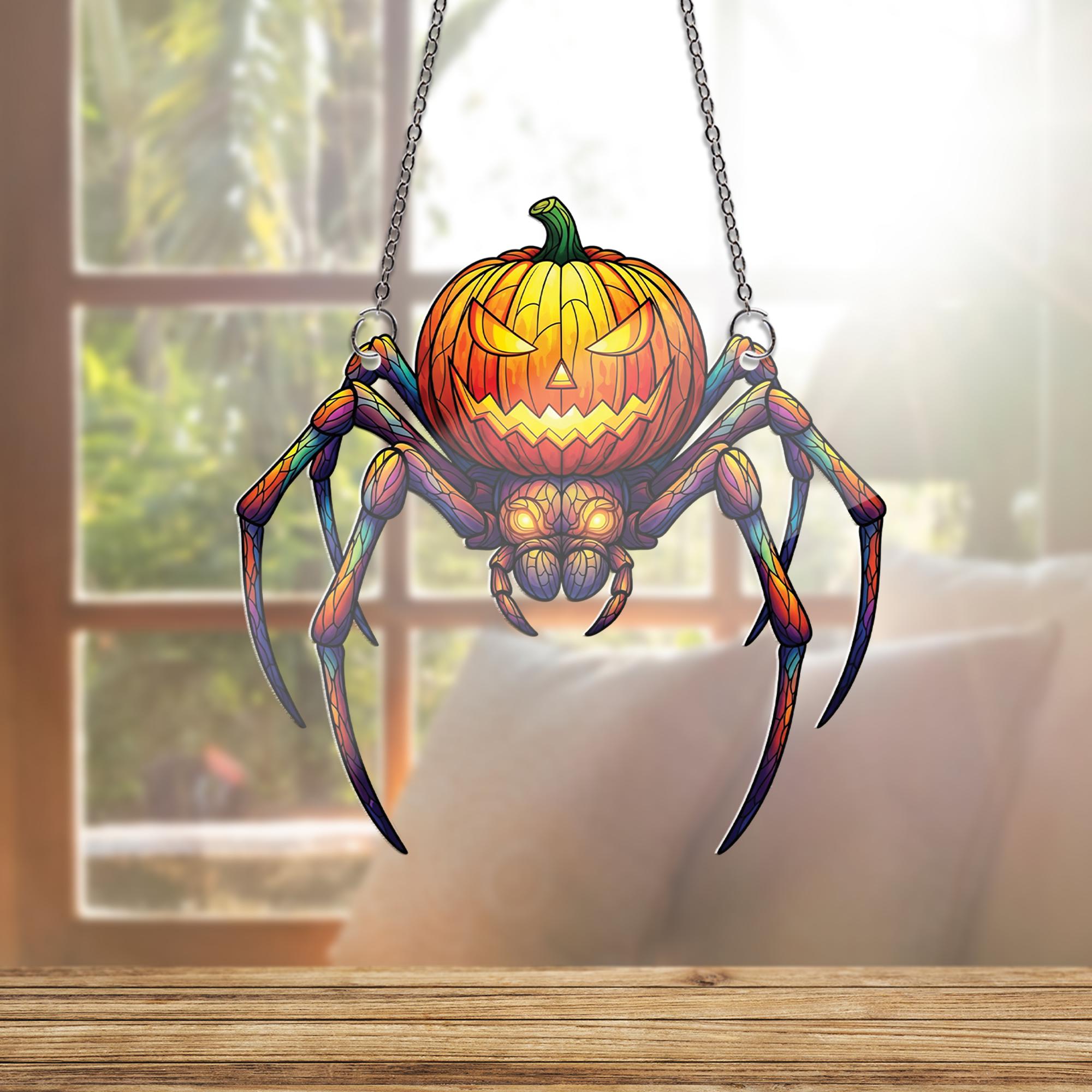 Spider Jack O'Lantern Faux Stained Glass Window Hanging – Halloween Suncatcher, Creepy Cute Pumpkin Spider Gothic Home Decor