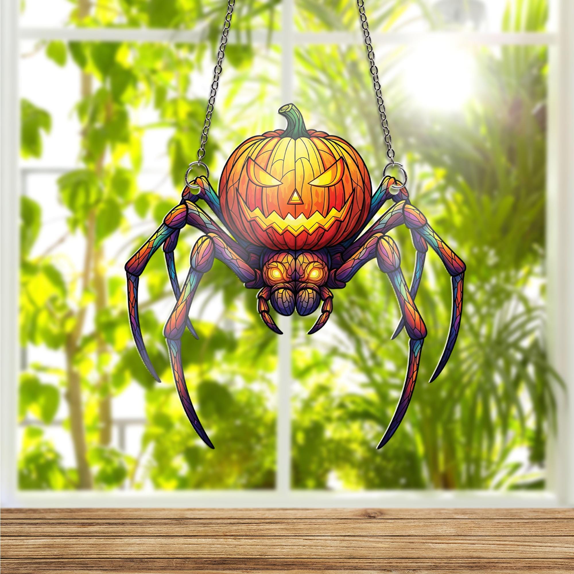 Spider Jack O'Lantern Faux Stained Glass Window Hanging – Halloween Suncatcher, Creepy Cute Pumpkin Spider Gothic Home Decor