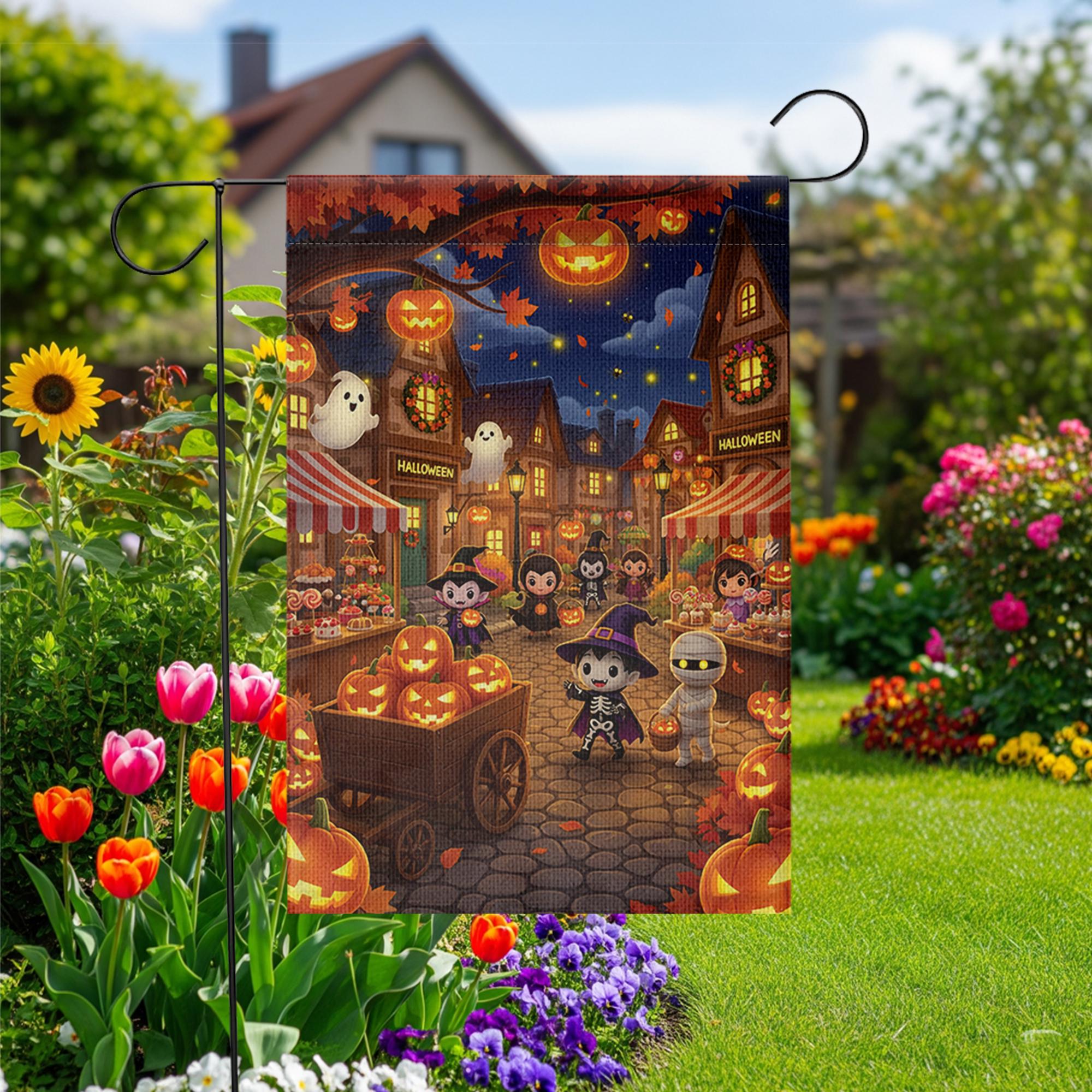 Cute Halloween Garden Flag, Trick or Treat Town Yard Decor, Spooky Kids Pumpkin Night Market Outdoor Fall Flag