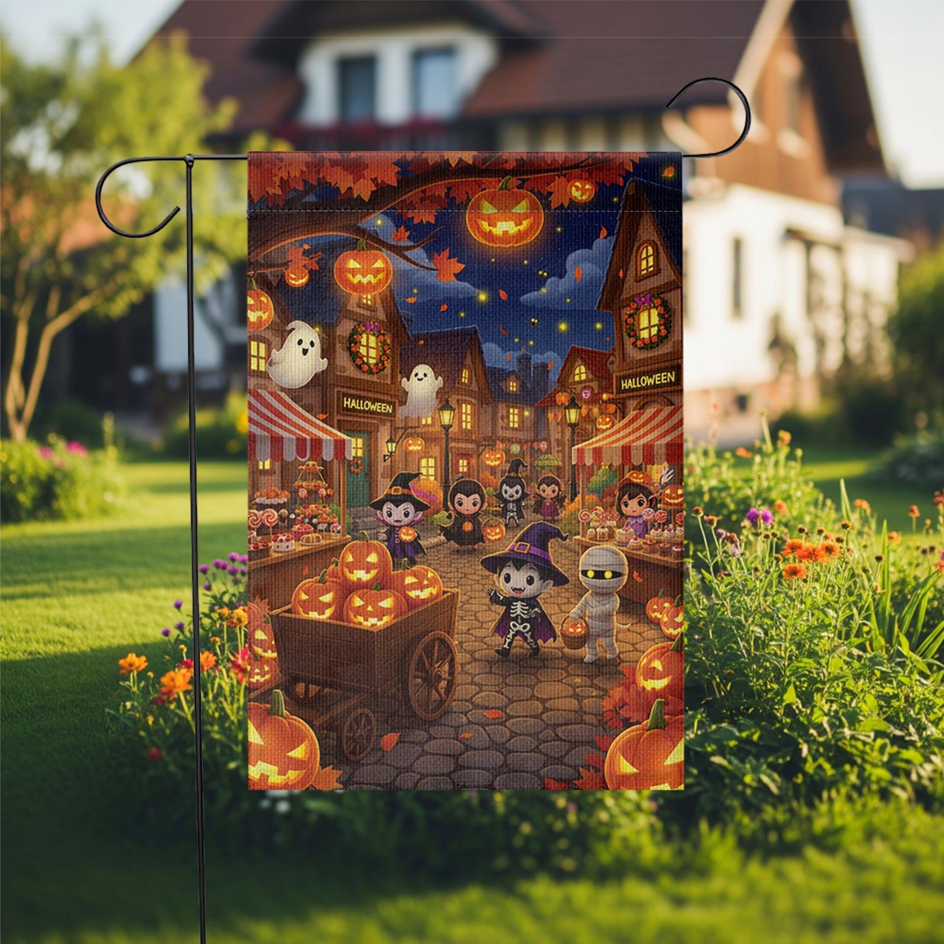 Cute Halloween Garden Flag, Trick or Treat Town Yard Decor, Spooky Kids Pumpkin Night Market Outdoor Fall Flag