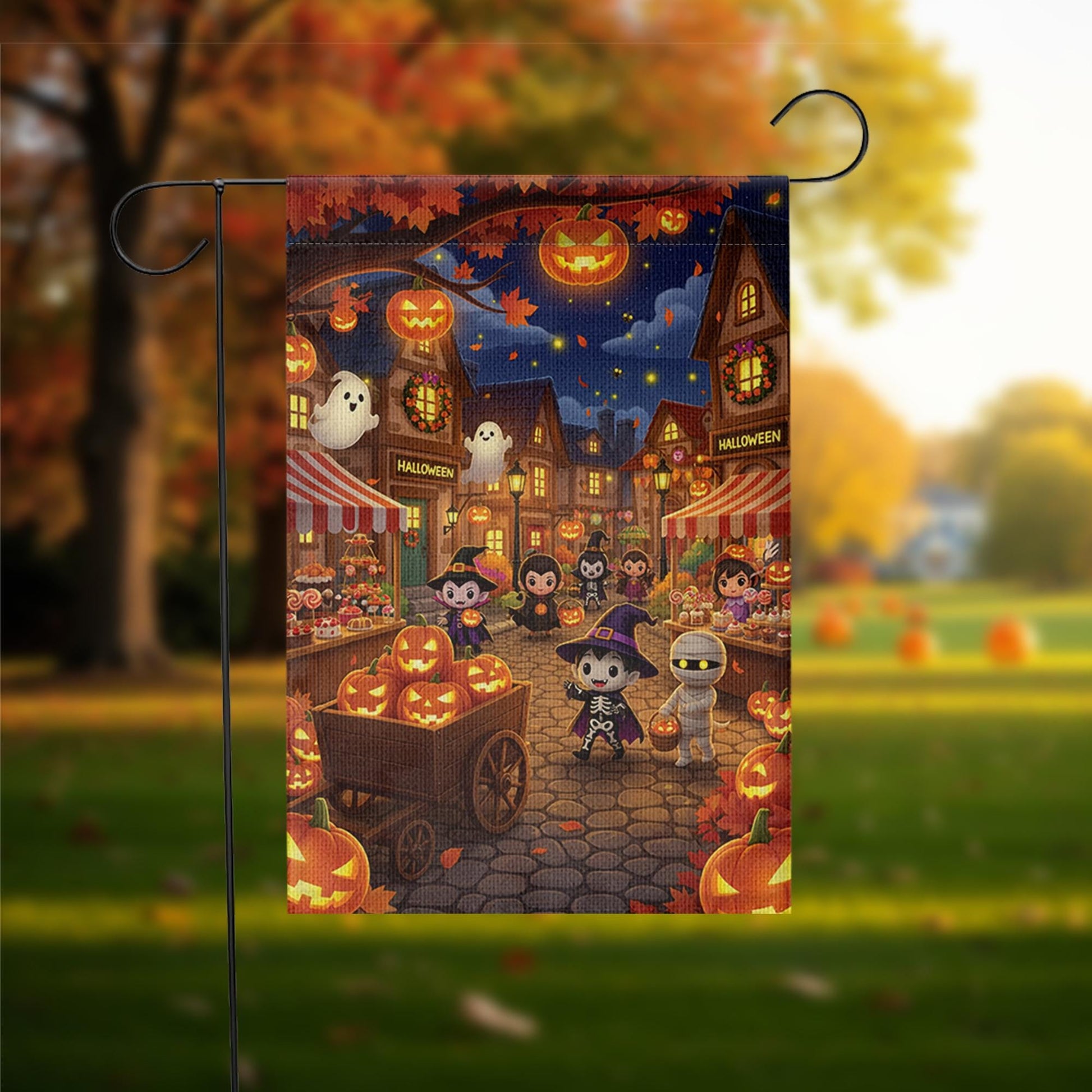 Cute Halloween Garden Flag, Trick or Treat Town Yard Decor, Spooky Kids Pumpkin Night Market Outdoor Fall Flag