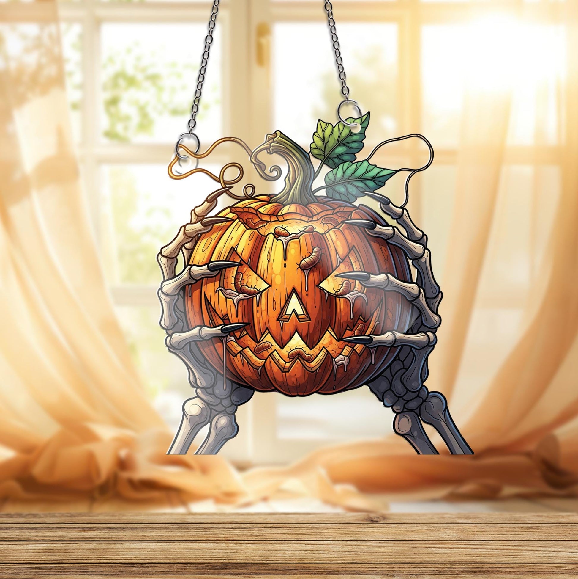 Spooky Jack O' Lantern Ornament, Skeleton Hands Holding Pumpkin, Creepy Halloween Hanging Decor, Macabre Wall Art, Horror Fan Gift