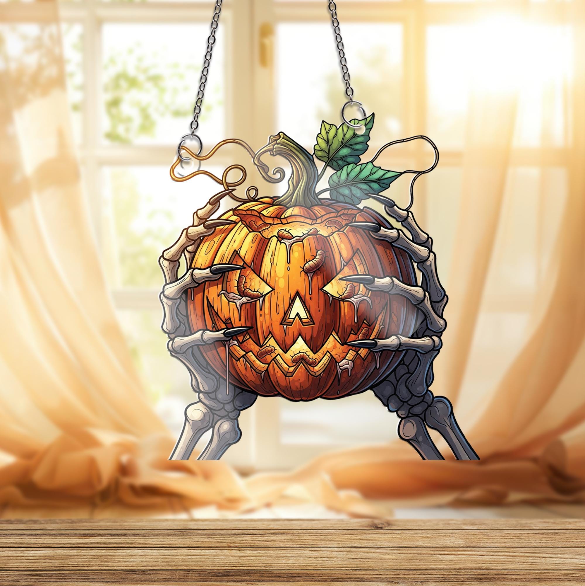 Spooky Jack O' Lantern Ornament, Skeleton Hands Holding Pumpkin, Creepy Halloween Hanging Decor, Macabre Wall Art, Horror Fan Gift
