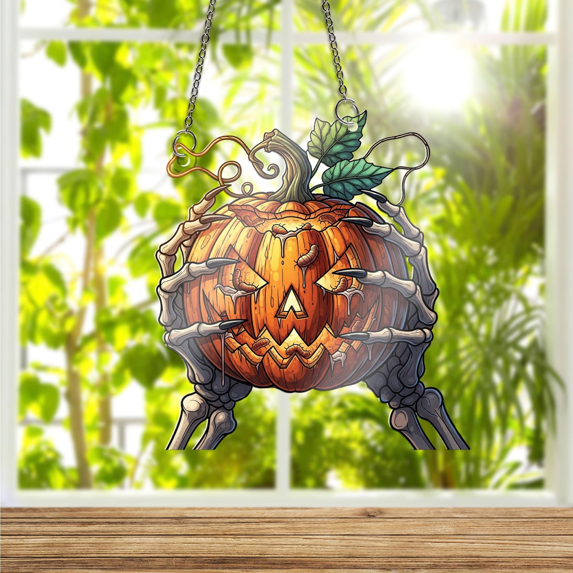 Spooky Jack O' Lantern Ornament, Skeleton Hands Holding Pumpkin, Creepy Halloween Hanging Decor, Macabre Wall Art, Horror Fan Gift