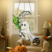 Holographic Ghost Suncatcher, Cute Spooky Window Decor, Acrylic Lily of the Valley Ghost Art, Halloween Rainbow Maker Gift