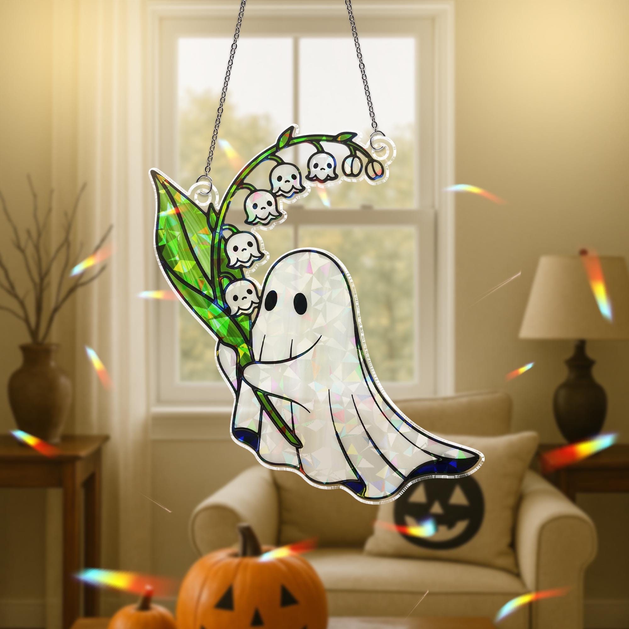 Holographic Ghost Suncatcher, Cute Spooky Window Decor, Acrylic Lily of the Valley Ghost Art, Halloween Rainbow Maker Gift