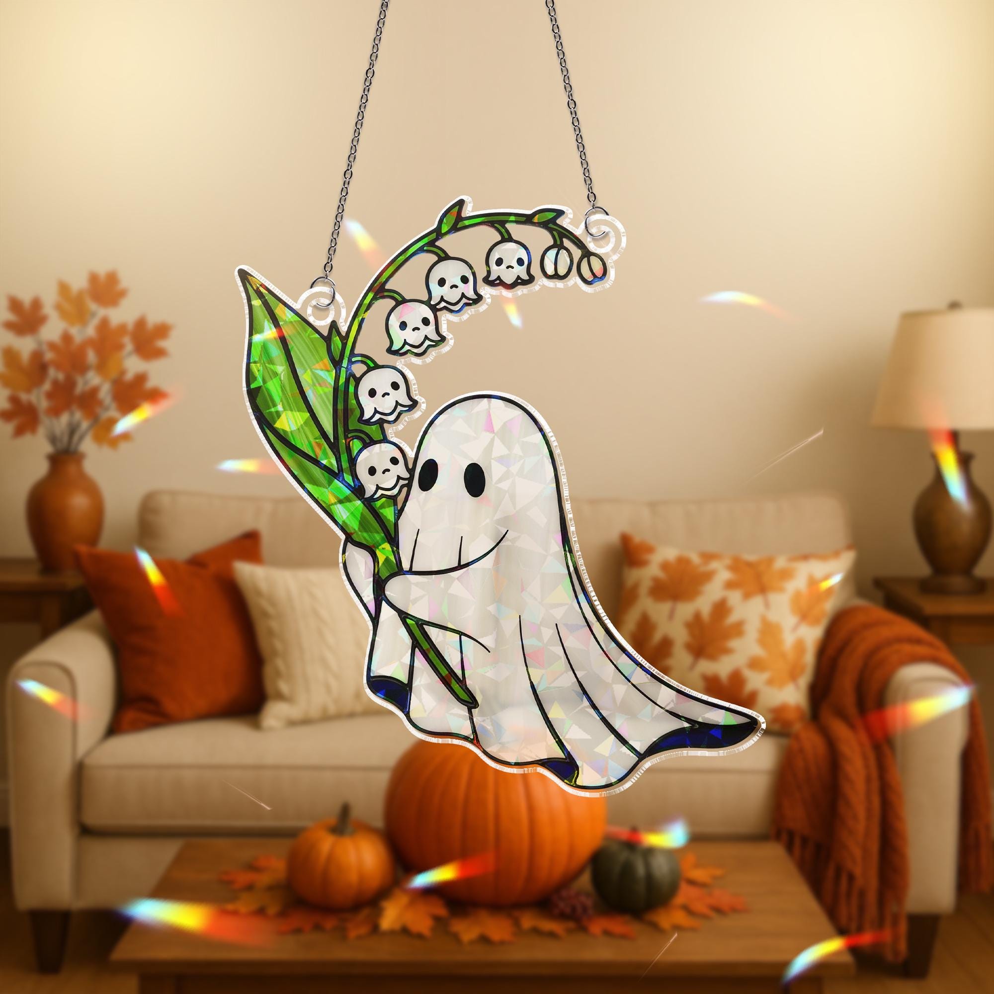 Holographic Ghost Suncatcher, Cute Spooky Window Decor, Acrylic Lily of the Valley Ghost Art, Halloween Rainbow Maker Gift