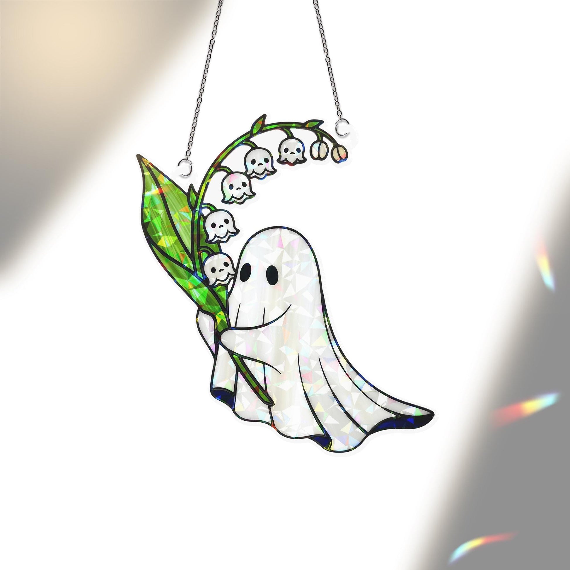 Holographic Ghost Suncatcher, Cute Spooky Window Decor, Acrylic Lily of the Valley Ghost Art, Halloween Rainbow Maker Gift