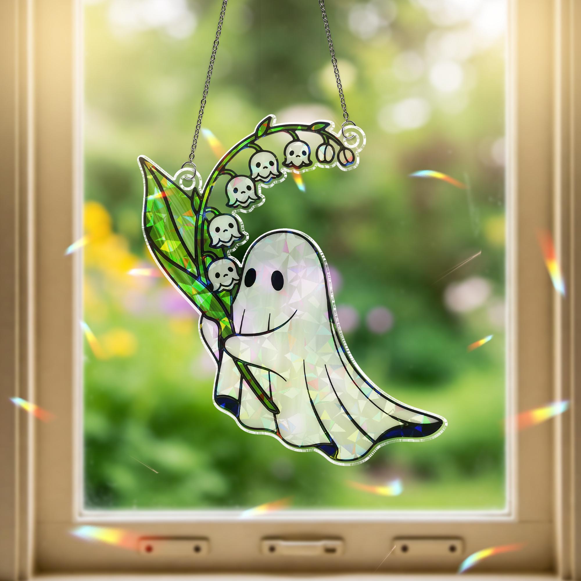 Holographic Ghost Suncatcher, Cute Spooky Window Decor, Acrylic Lily of the Valley Ghost Art, Halloween Rainbow Maker Gift